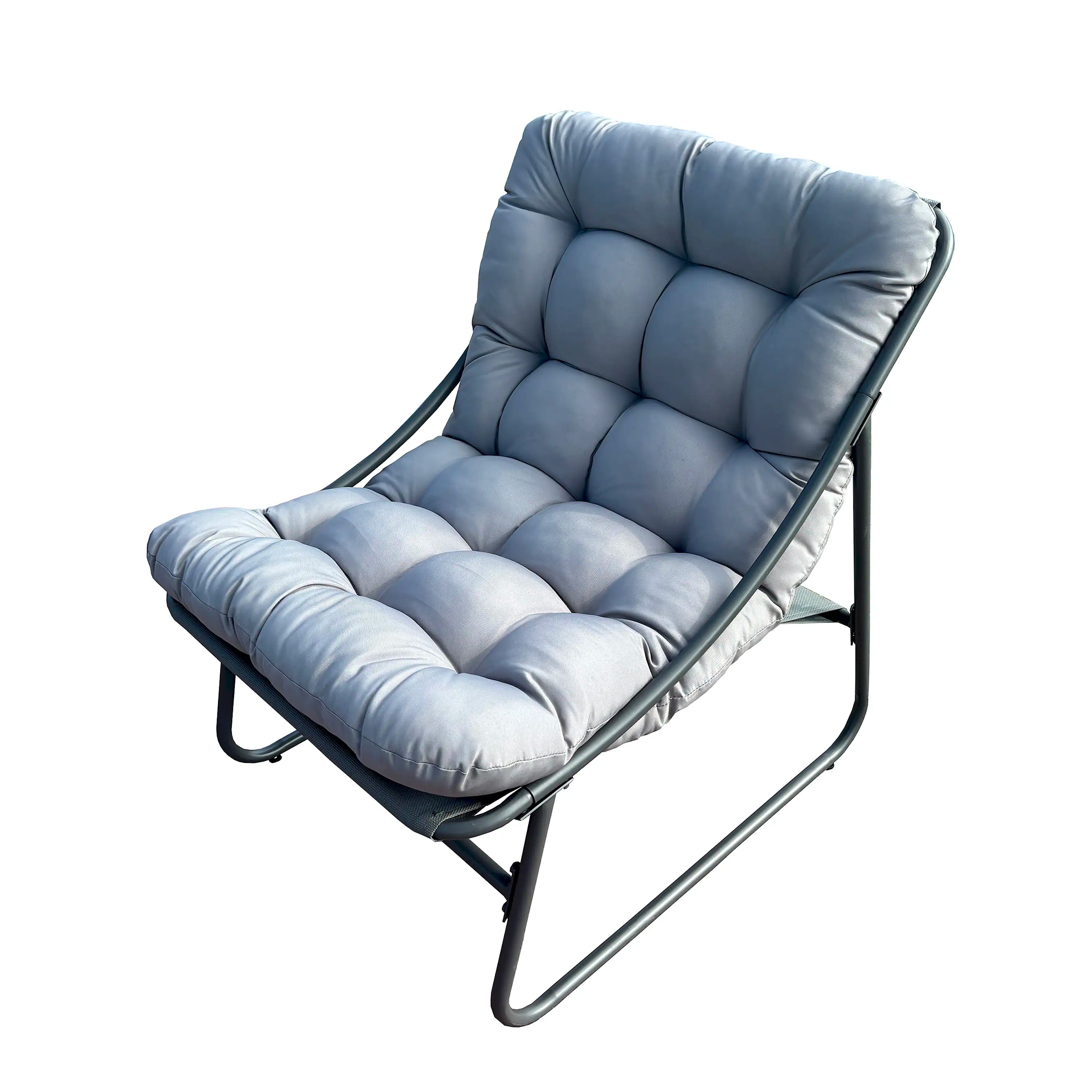 Outdoor bistro chair with blue tufted cushions and curved black metal frame