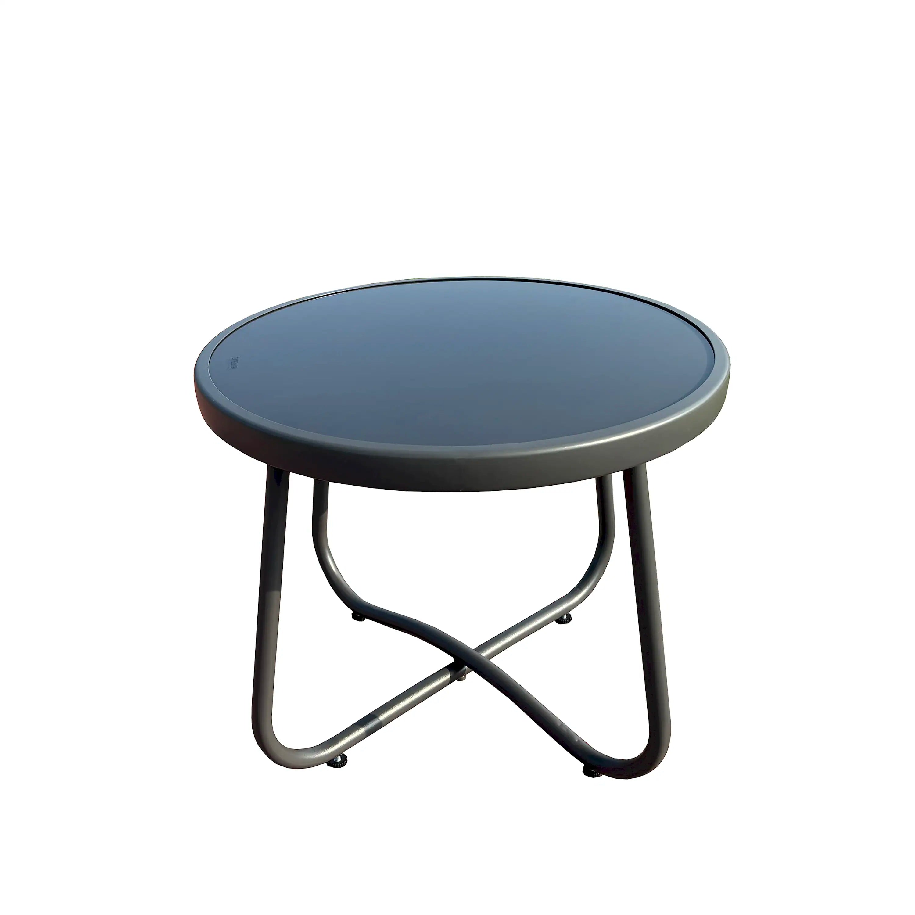 Round outdoor coffee table with dark top and three-leg metal frame