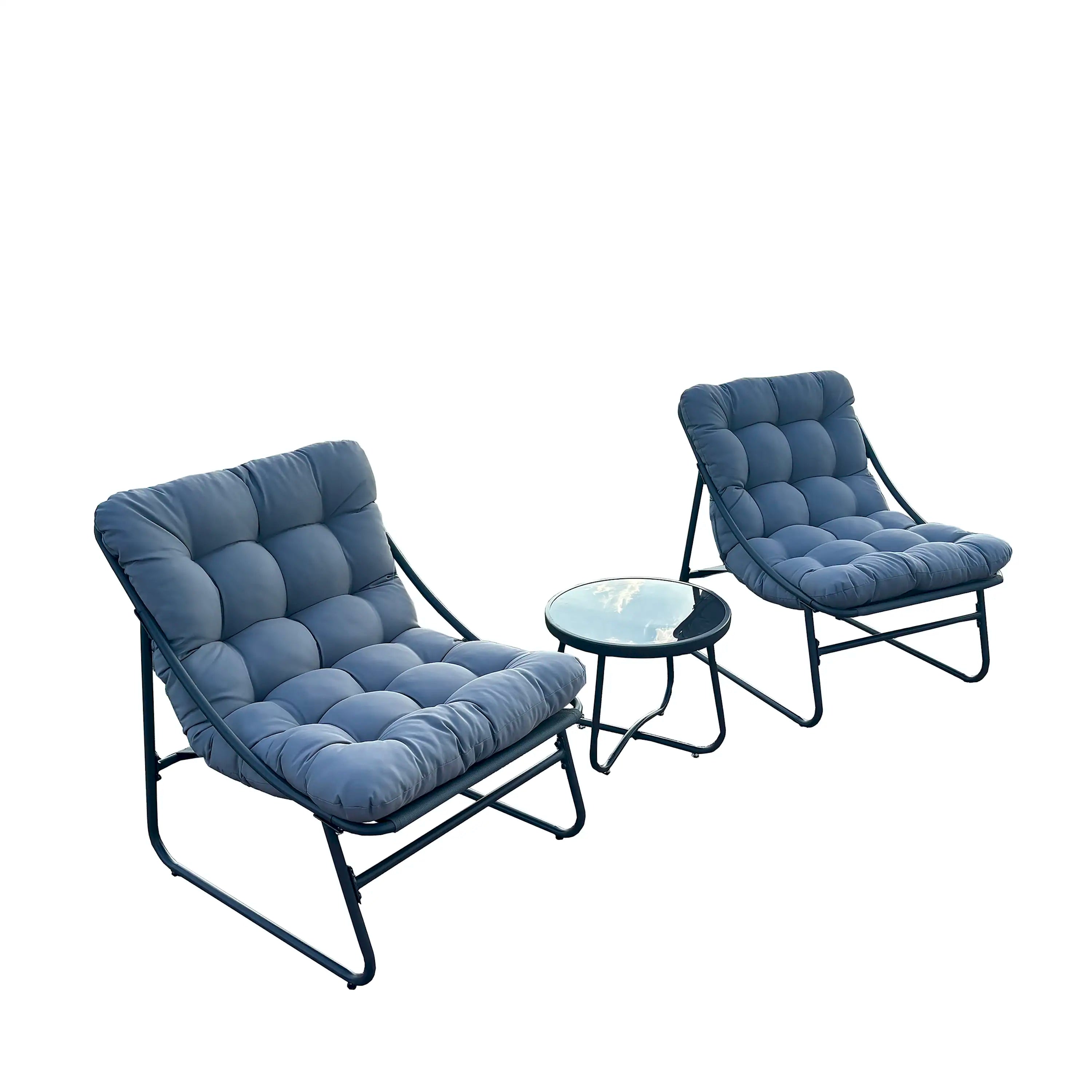 Outdoor bistro set with two blue cushion chairs and round side table