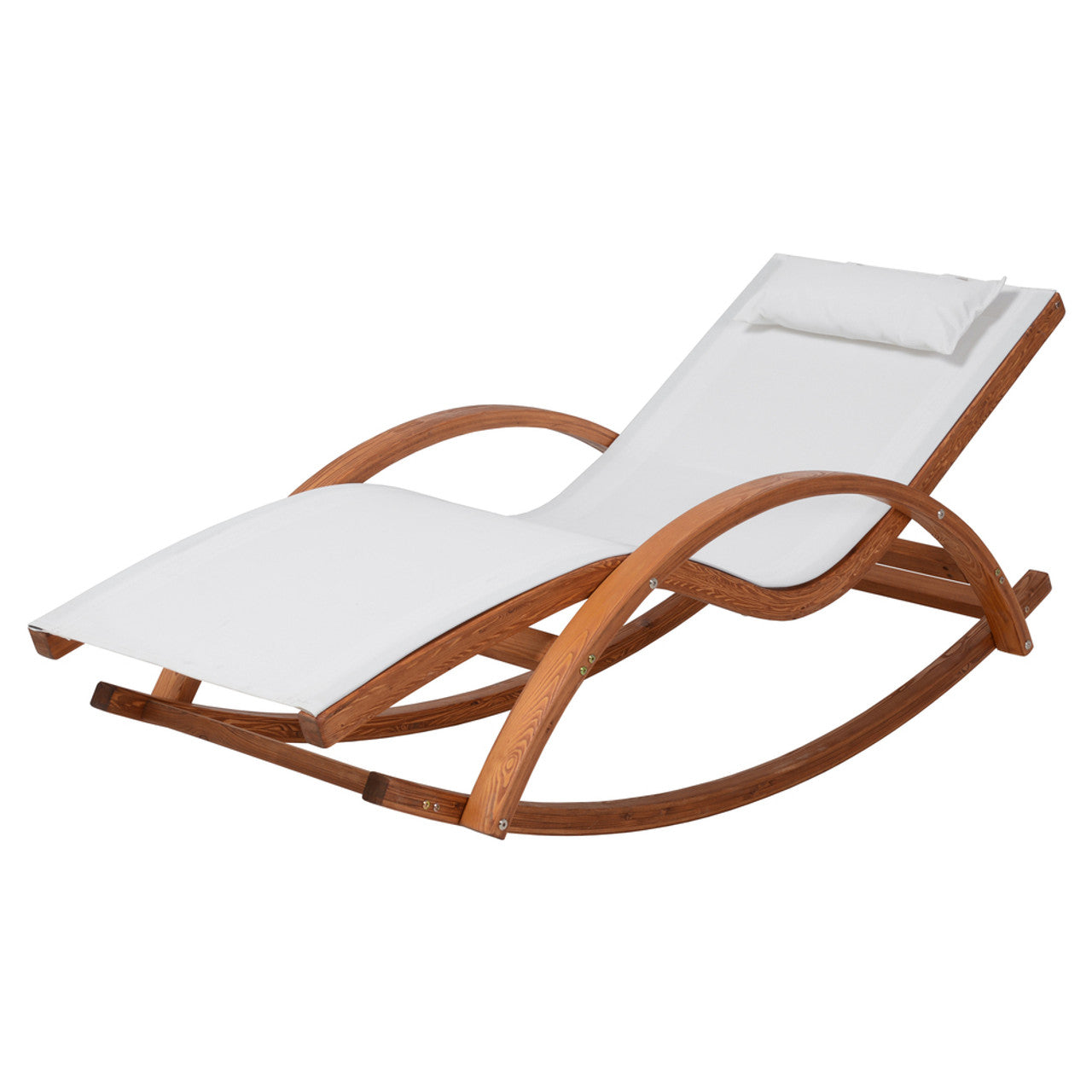 Cedar wood patio lounge chair with white Textilene seat and back, rocking base