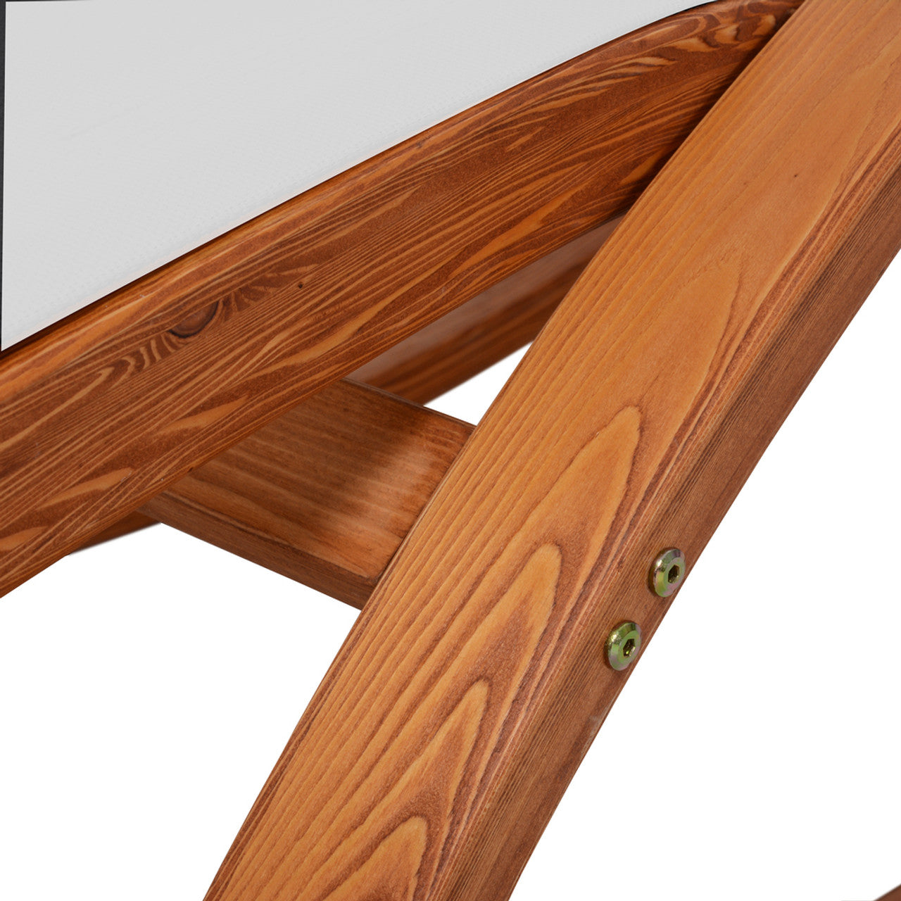 Cedar wood frame joint with green screws and white Textilene seat, close-up