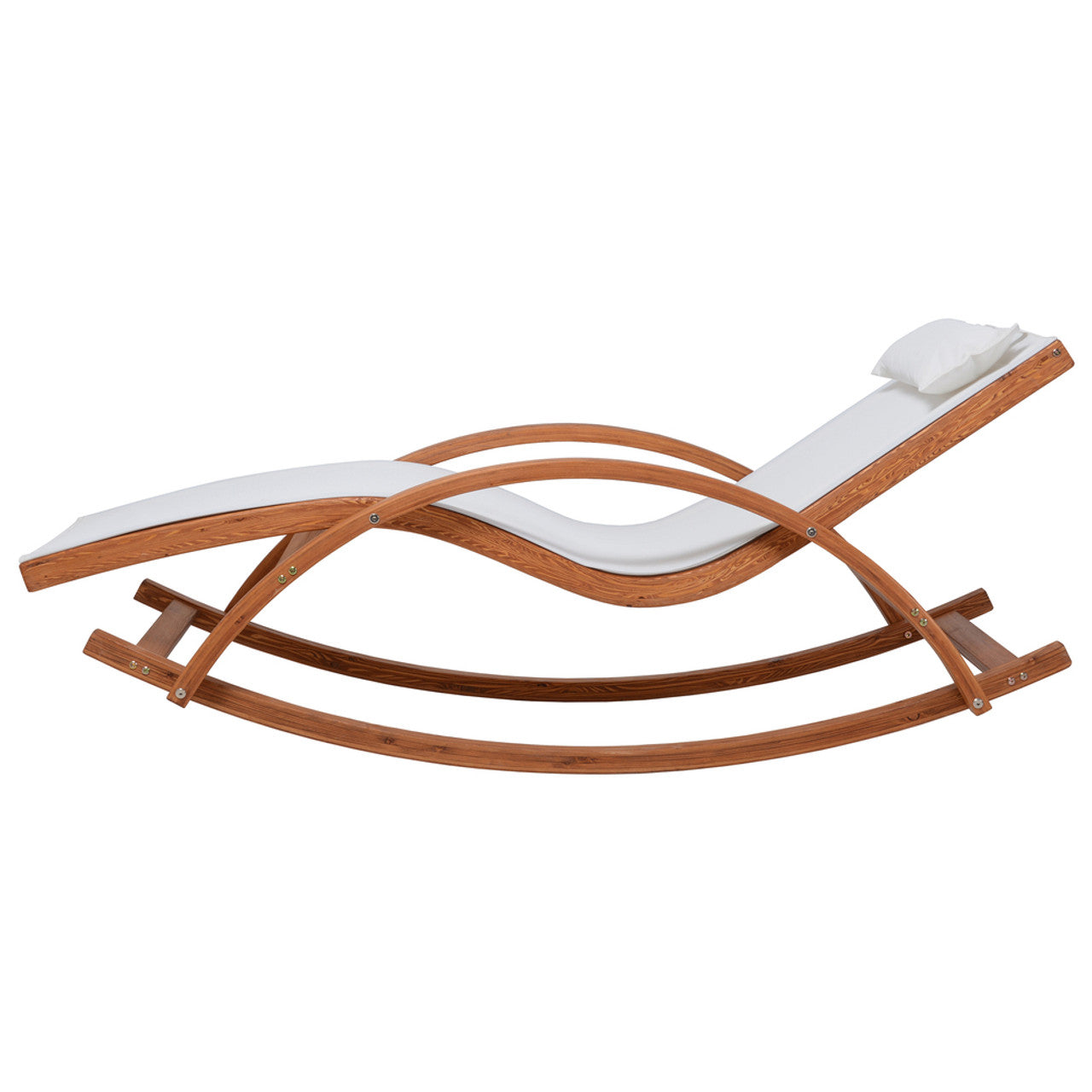 Outdoor cedar wood lounge chair with white Textilene seat and curved rocking frame