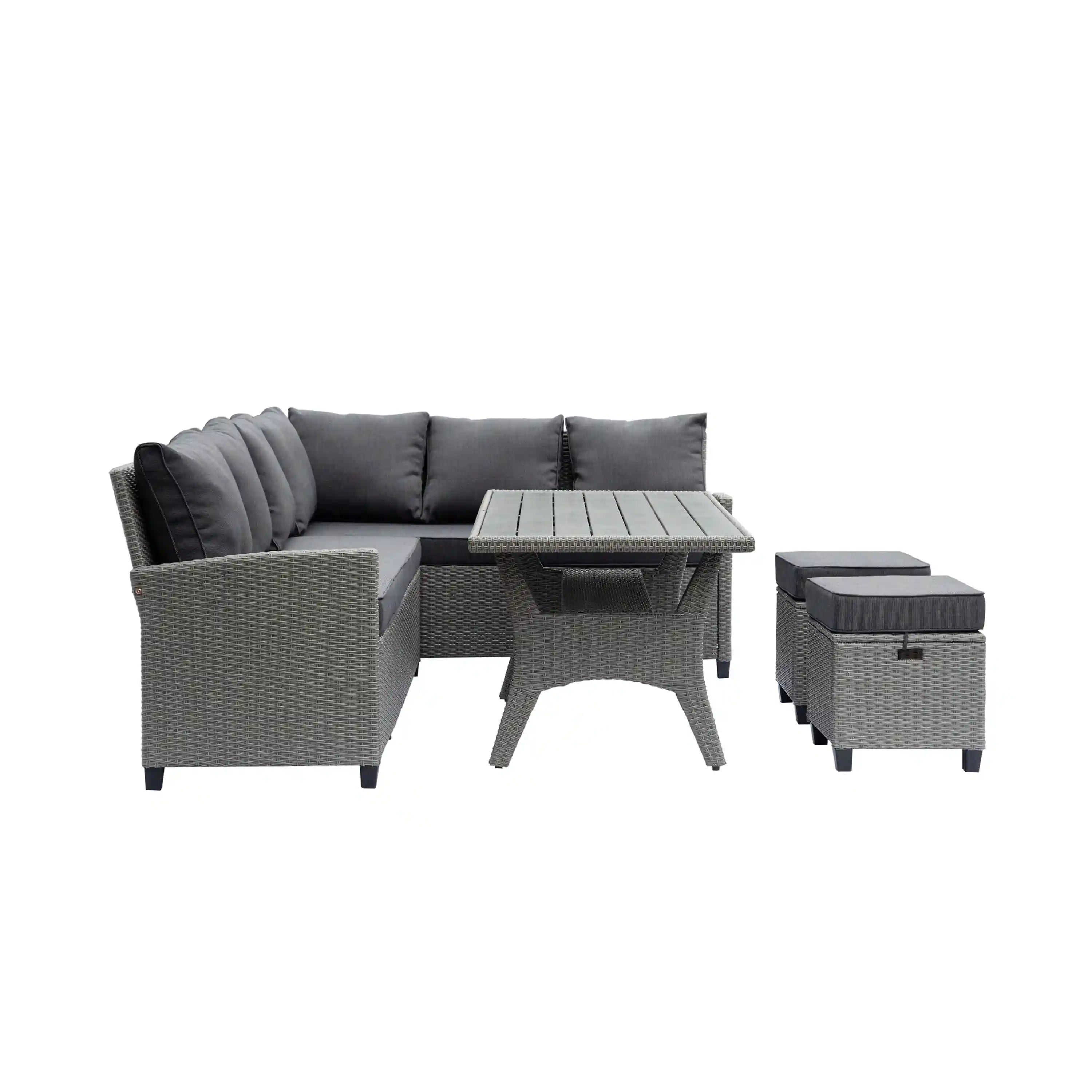 Outdoor sectional with dark cushions, includes glass-topped table and matching ottomans