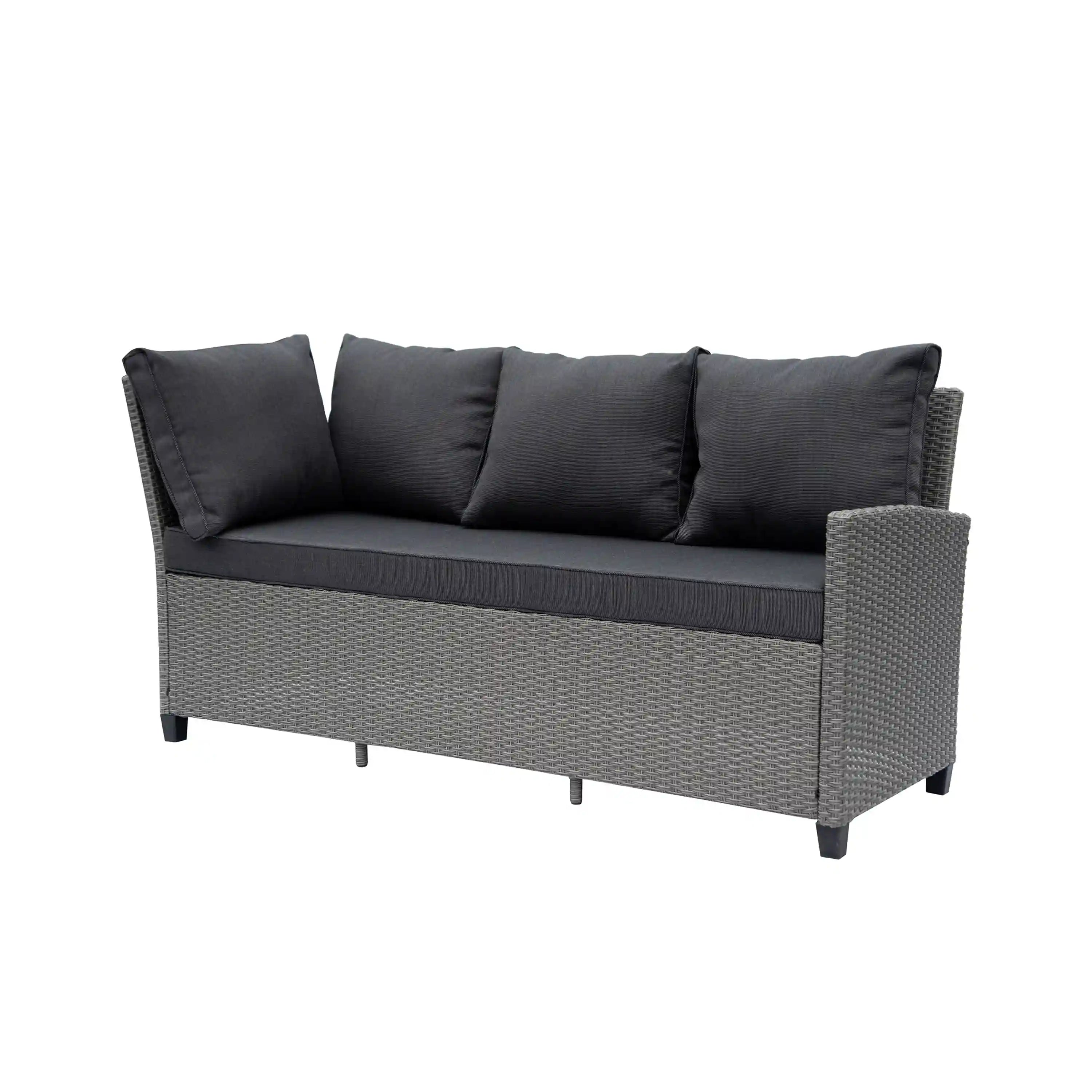 Wicker outdoor loveseat-style sofa with dark seat cushion and piped arm cushions