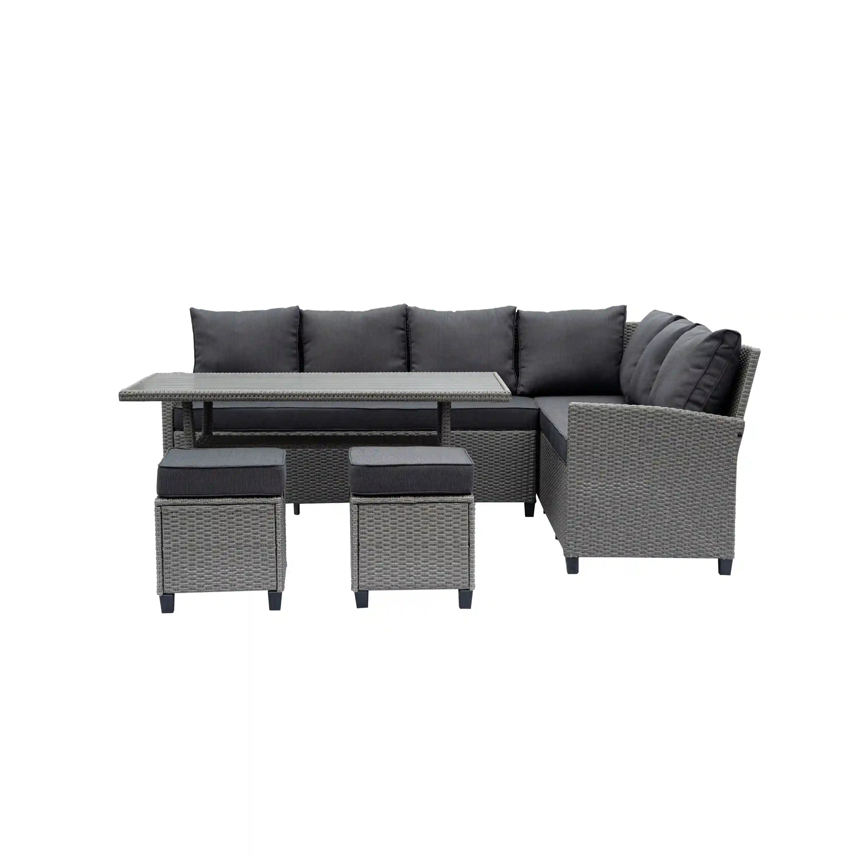 Outdoor wicker sectional sofa with dark cushions, includes ottomans and rectangular side table