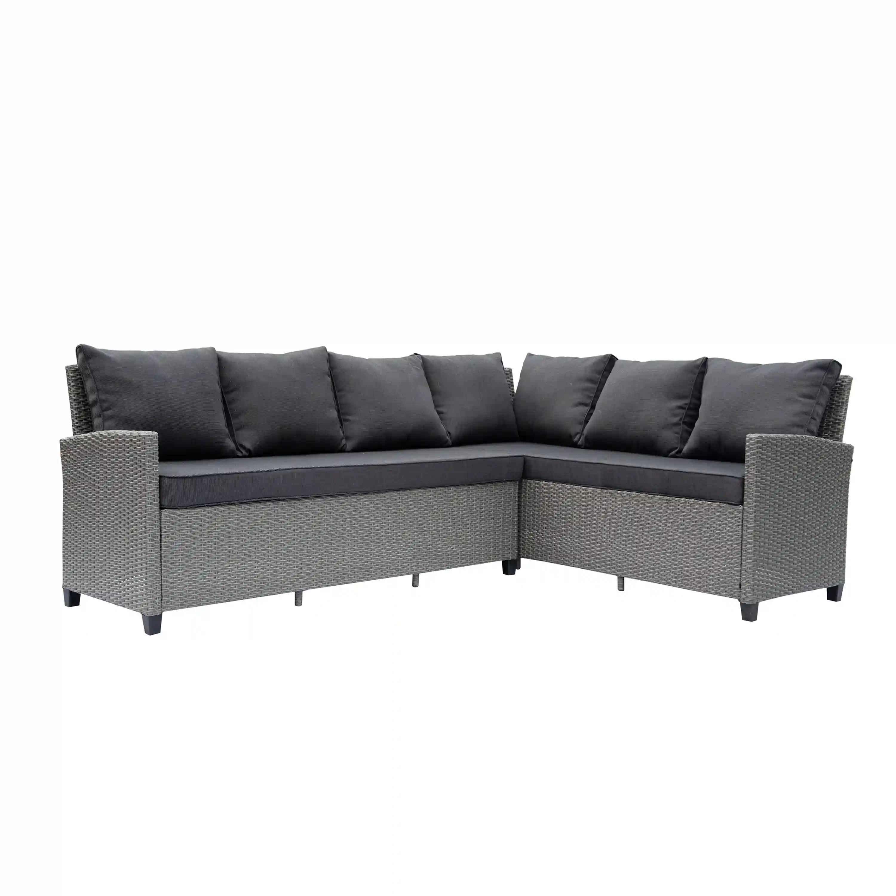 L-shaped outdoor sectional sofa with gray wicker frame and dark padded cushions