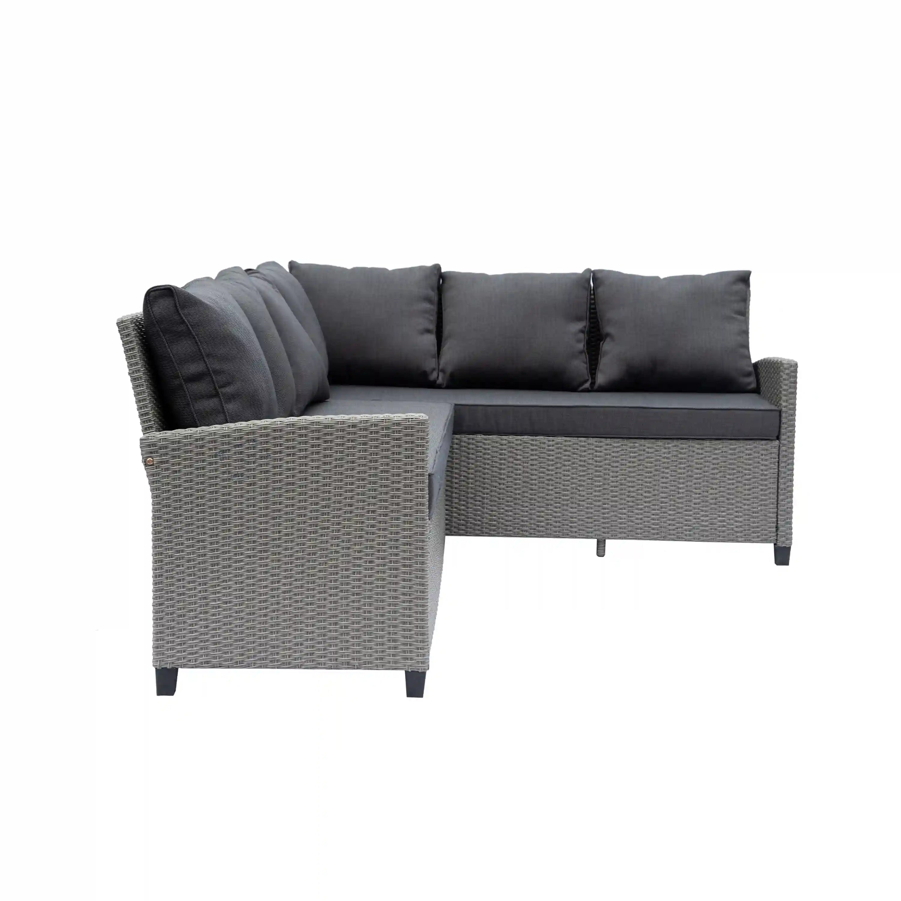 Outdoor corner sofa with dark cushions and two ottoman-style side seats