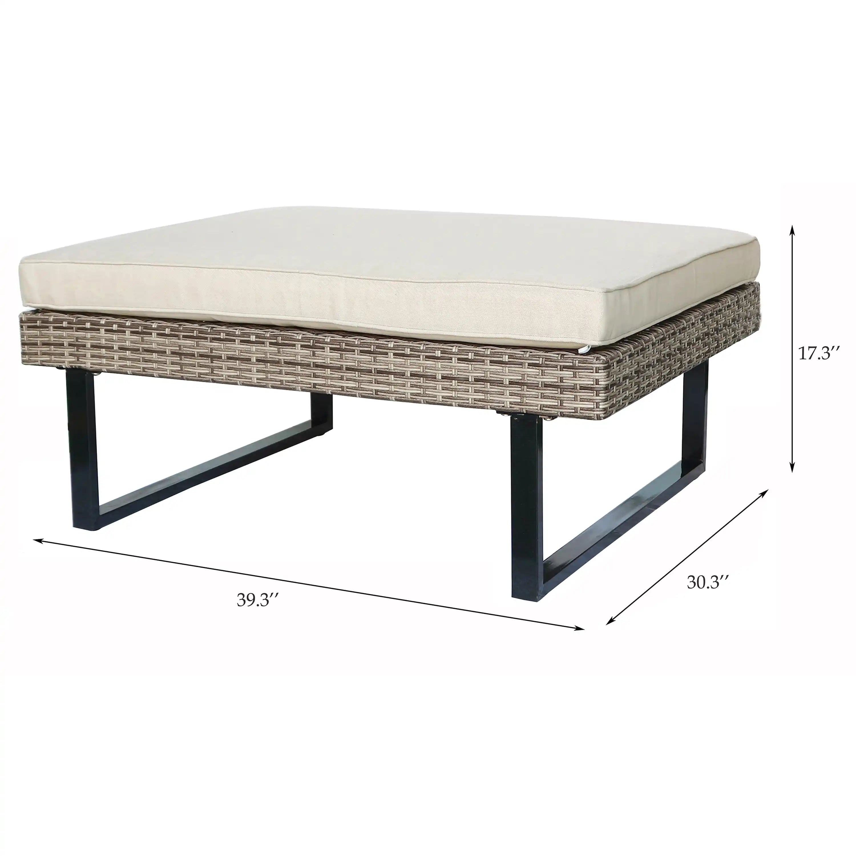 Outdoor patio ottoman bench with off-white cushion on woven wicker base and black legs