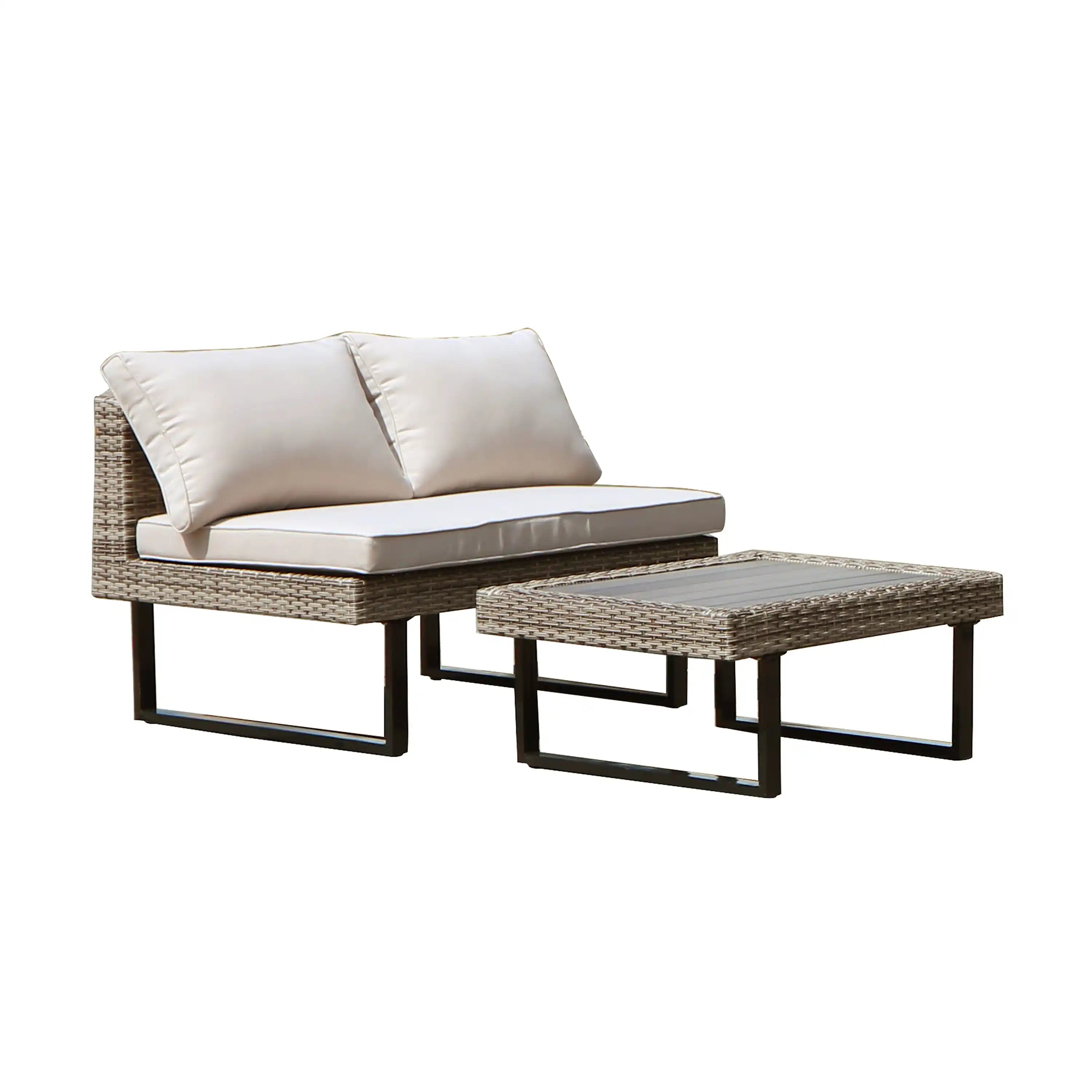 Outdoor patio sectional loveseat with off-white cushions and woven wicker side table