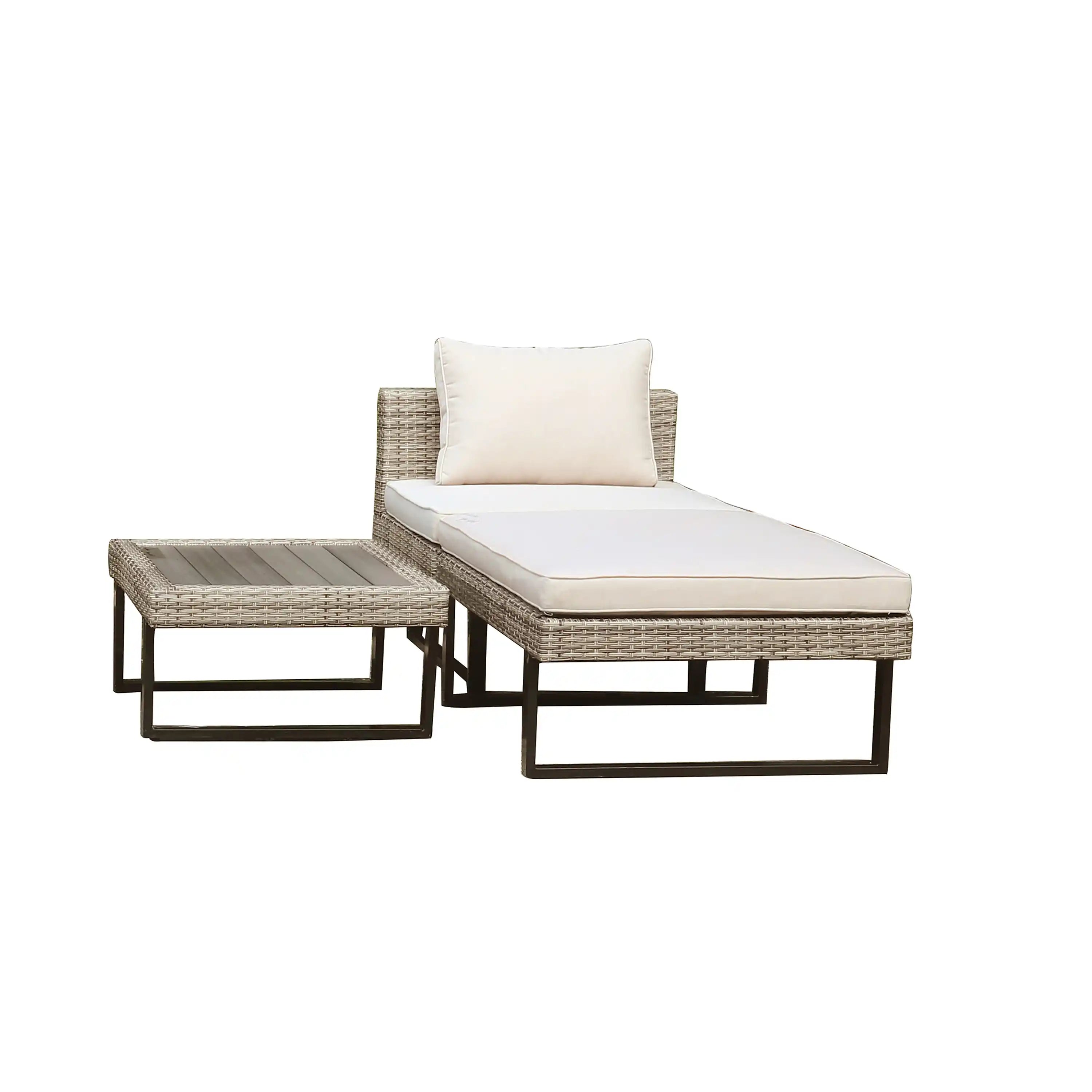 Outdoor chaise-style sectional with beige cushions, gray wicker armrests, and black frame