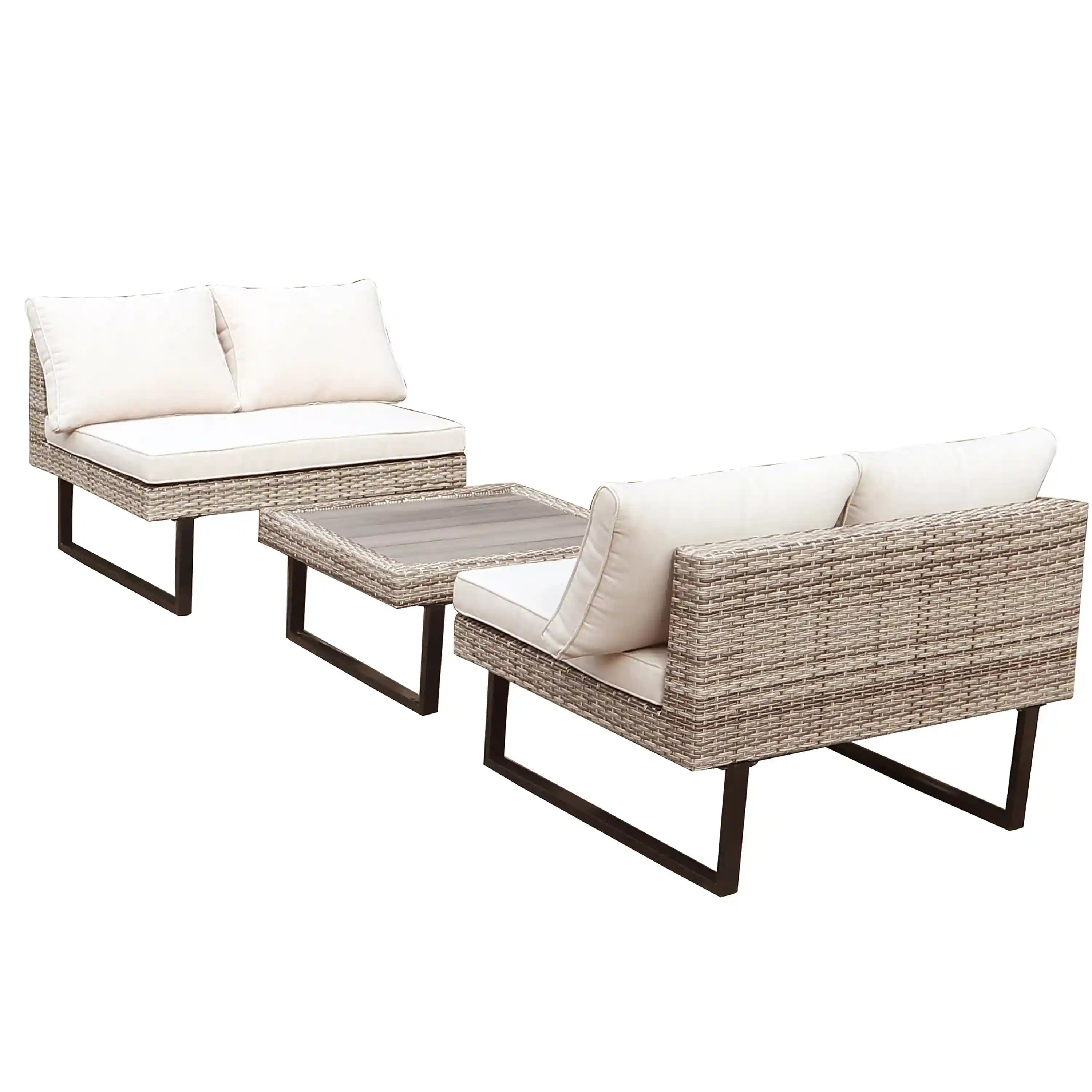 Outdoor corner patio sectional with light cushions, gray wicker weave, and black metal frame