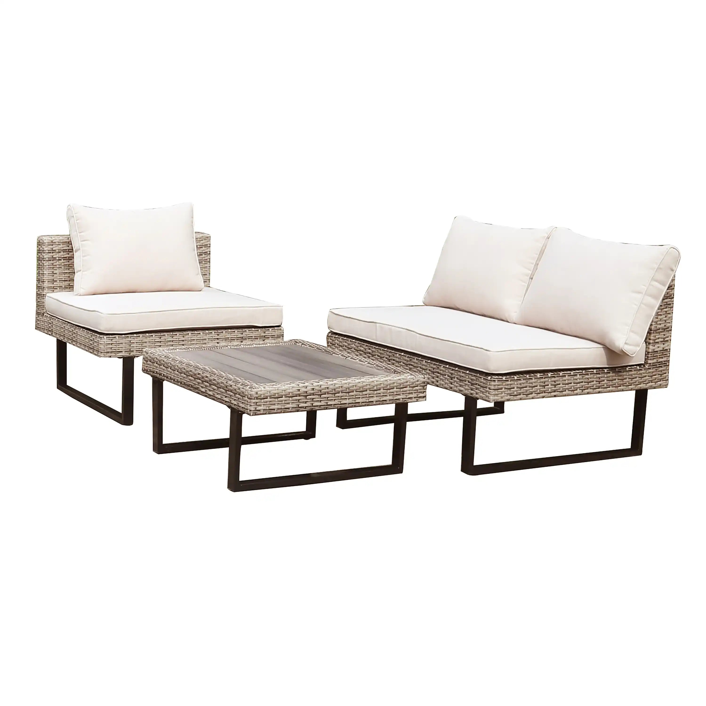 Outdoor patio sectional set with beige seat cushions, gray wicker sides, and black metal legs