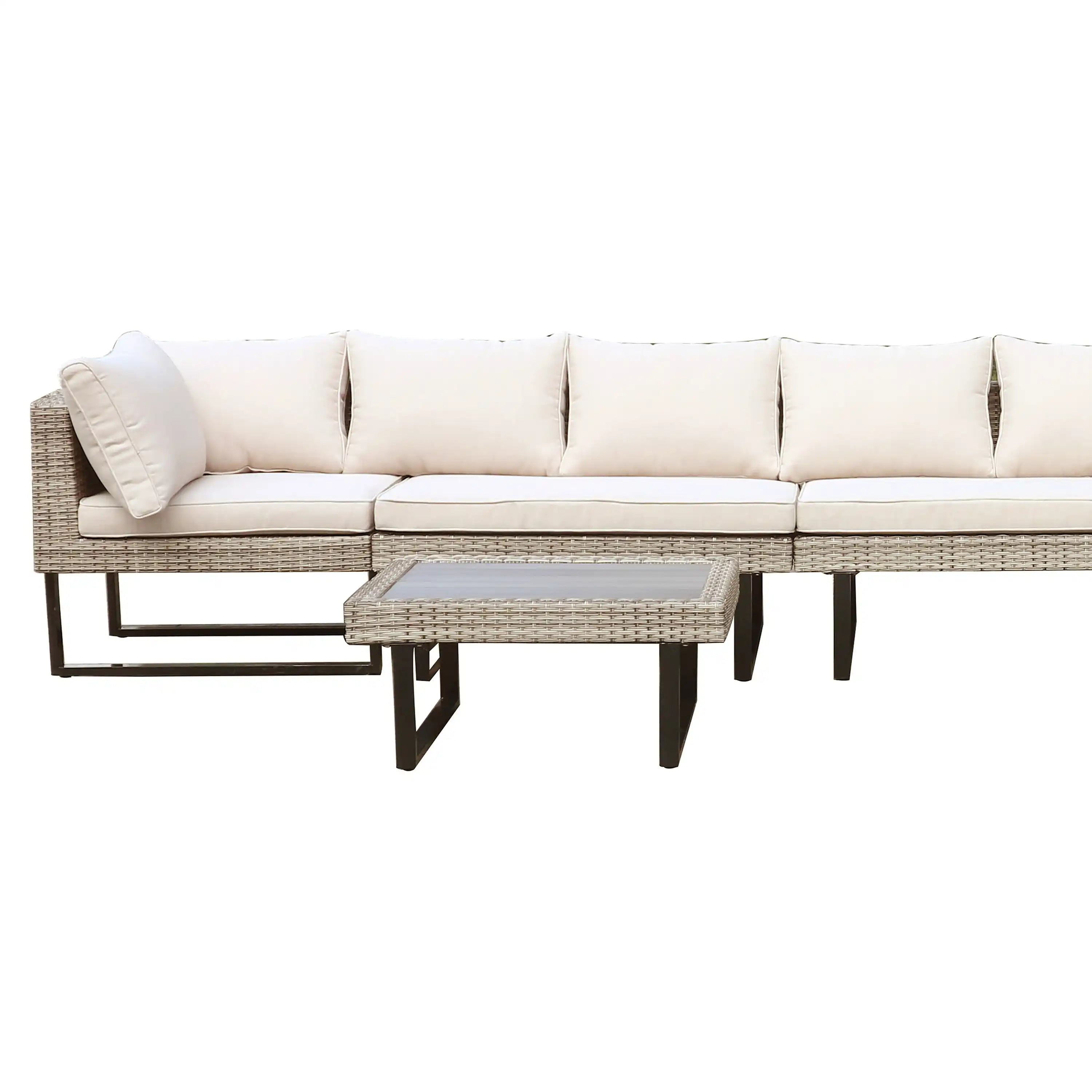 Outdoor patio sectional with beige seat cushions, gray wicker upholstery, and black metal legs