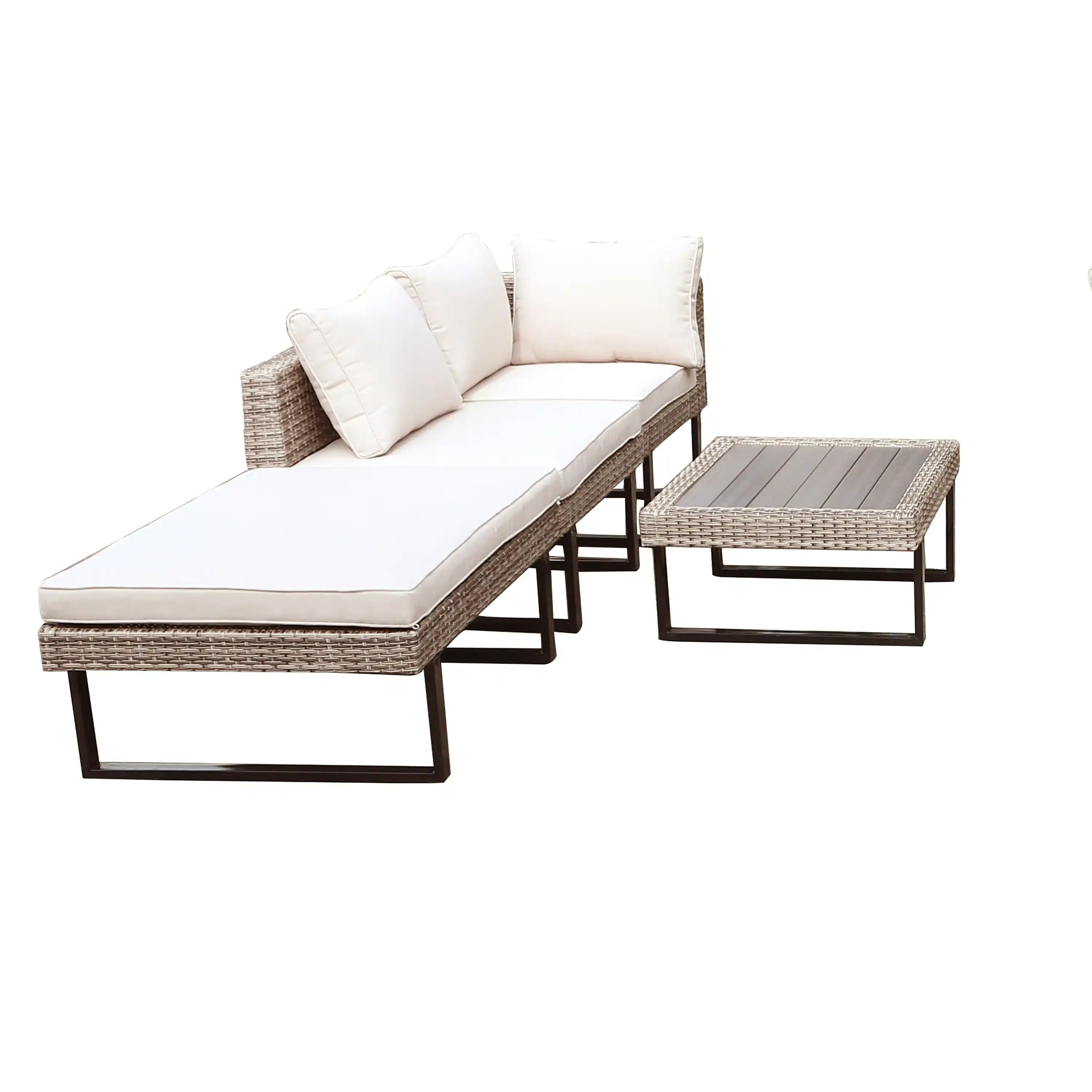 Outdoor corner sectional with chaise lounge pieces, beige cushions, gray wicker weave, black frame