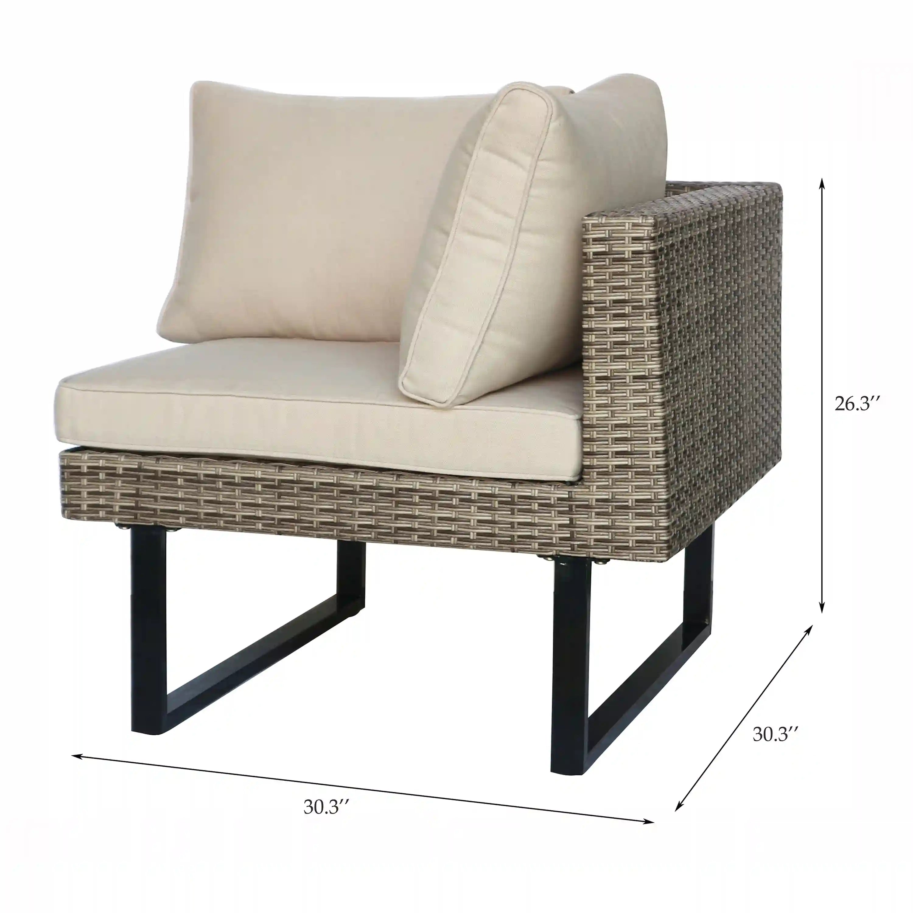 Outdoor armchair section with beige cushions and gray wicker sides on black metal legs