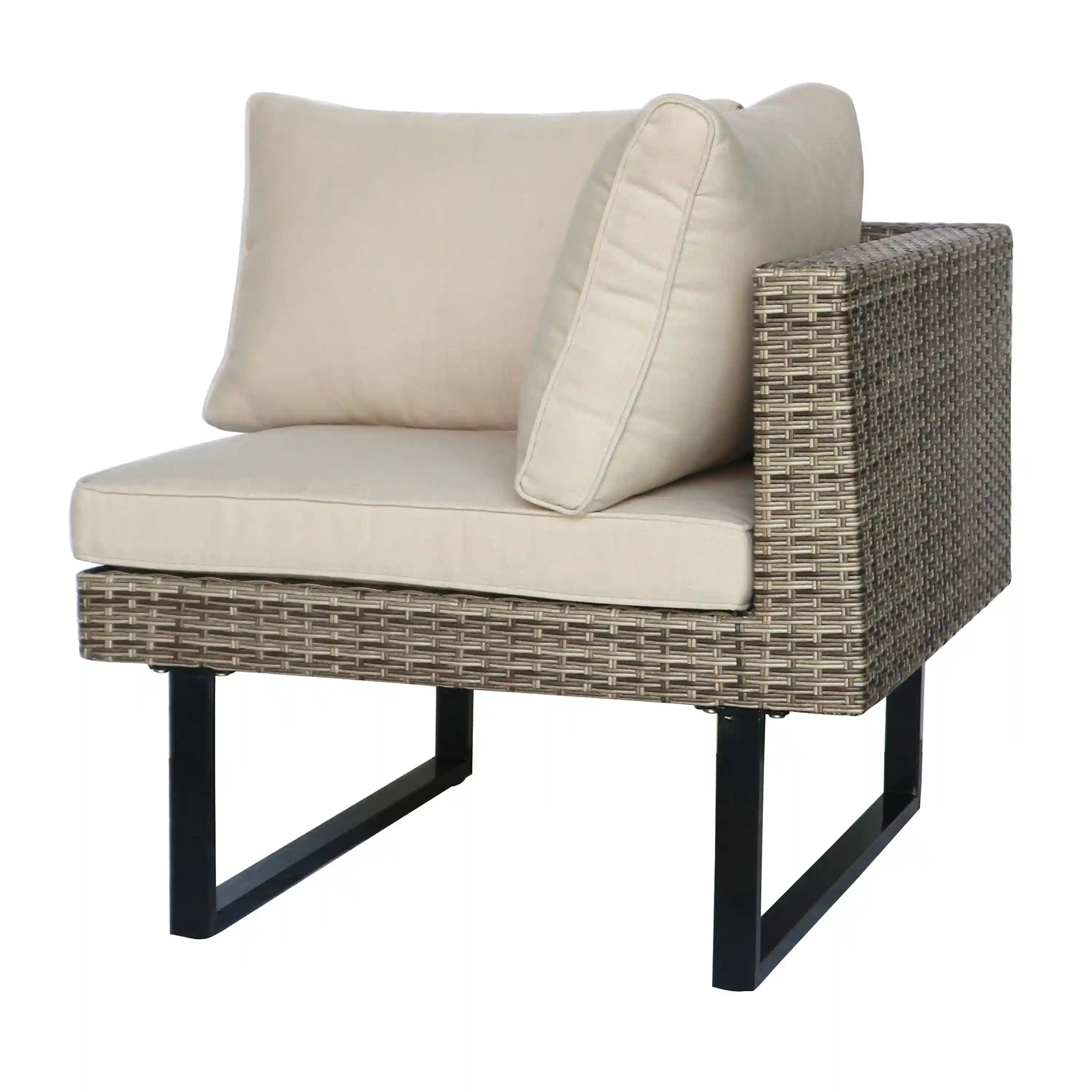 Close-up of outdoor seat section with beige cushions, gray wicker wrap, and black metal supports