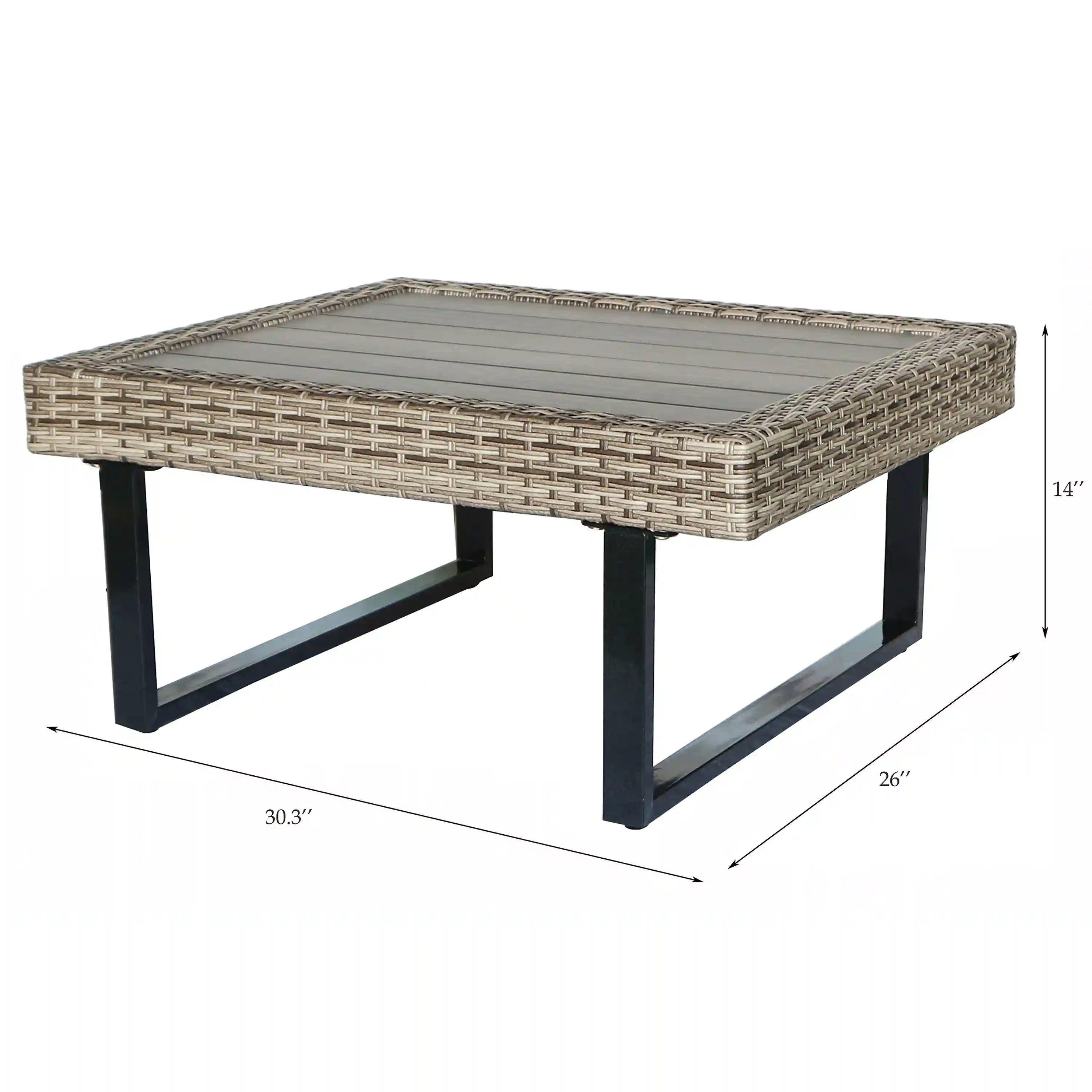 Outdoor patio wicker ottoman table with woven top and dark metal frame