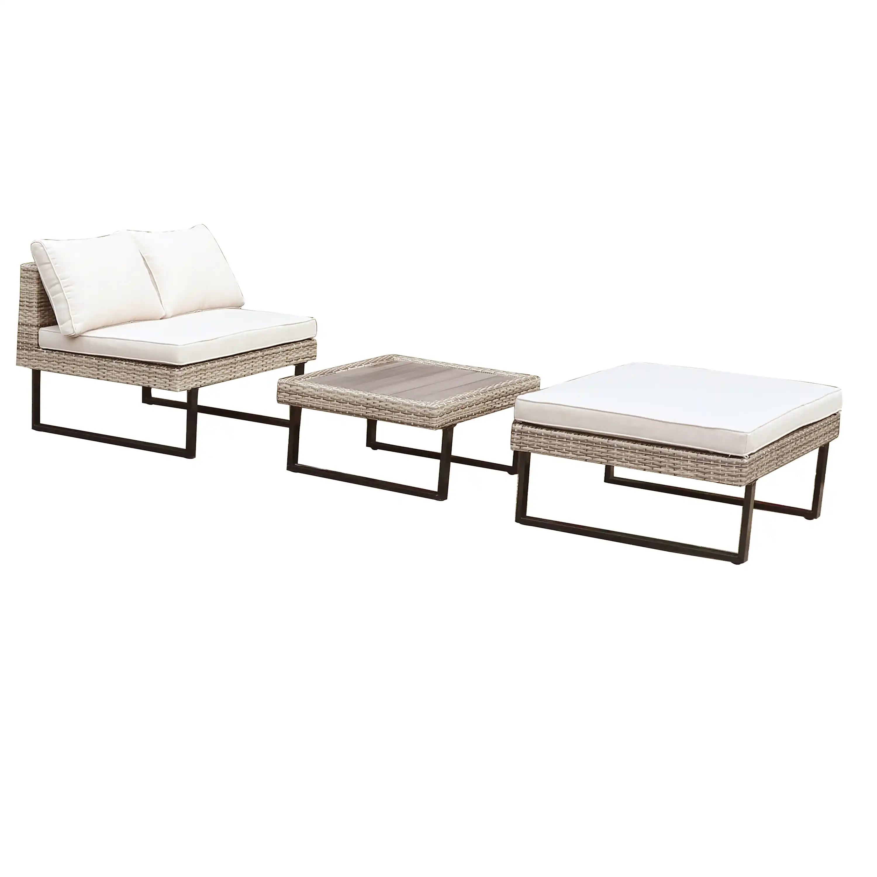 Outdoor patio sectional set with off-white cushions and woven wicker corner tables