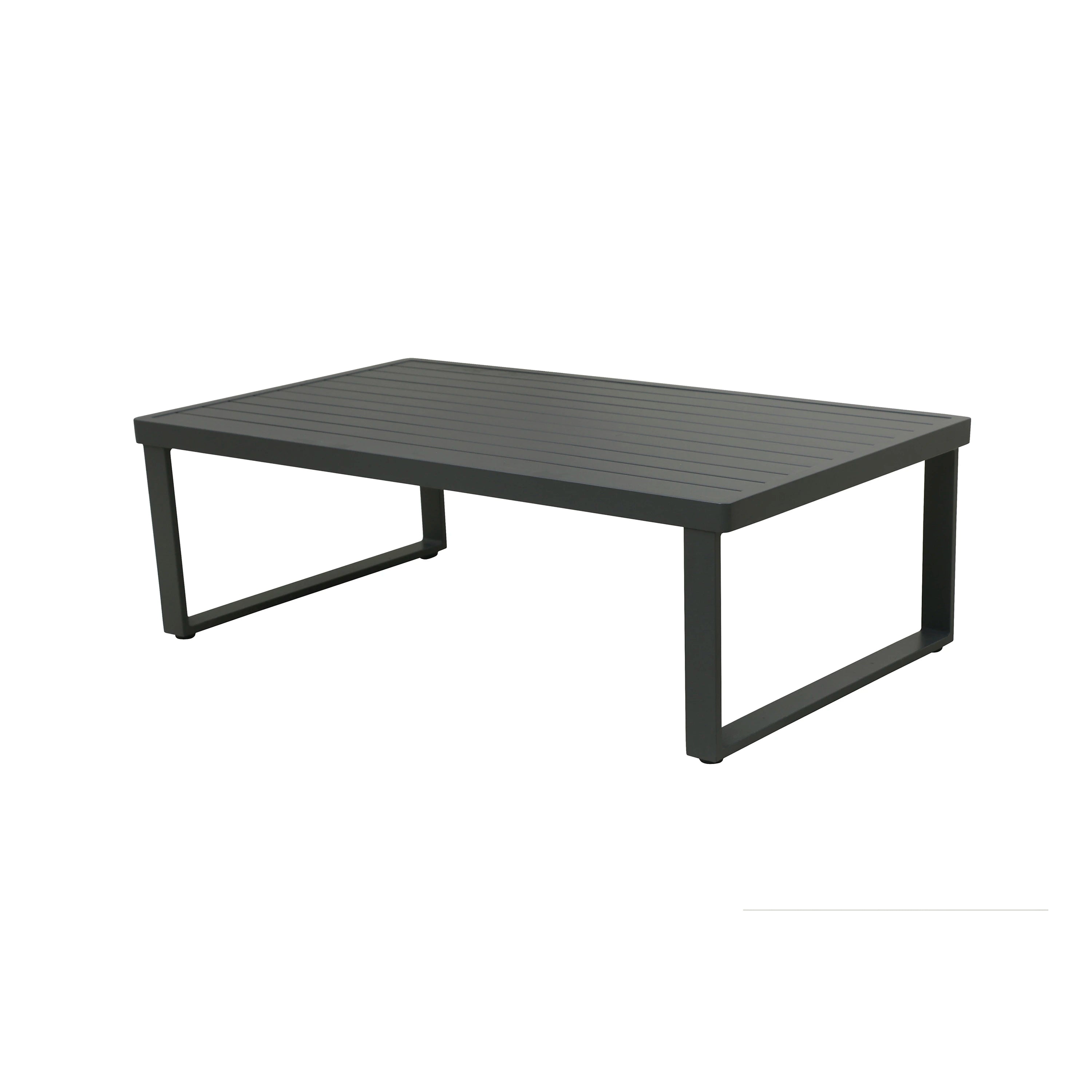 Outdoor square coffee table with dark gray frame and slatted tabletop.