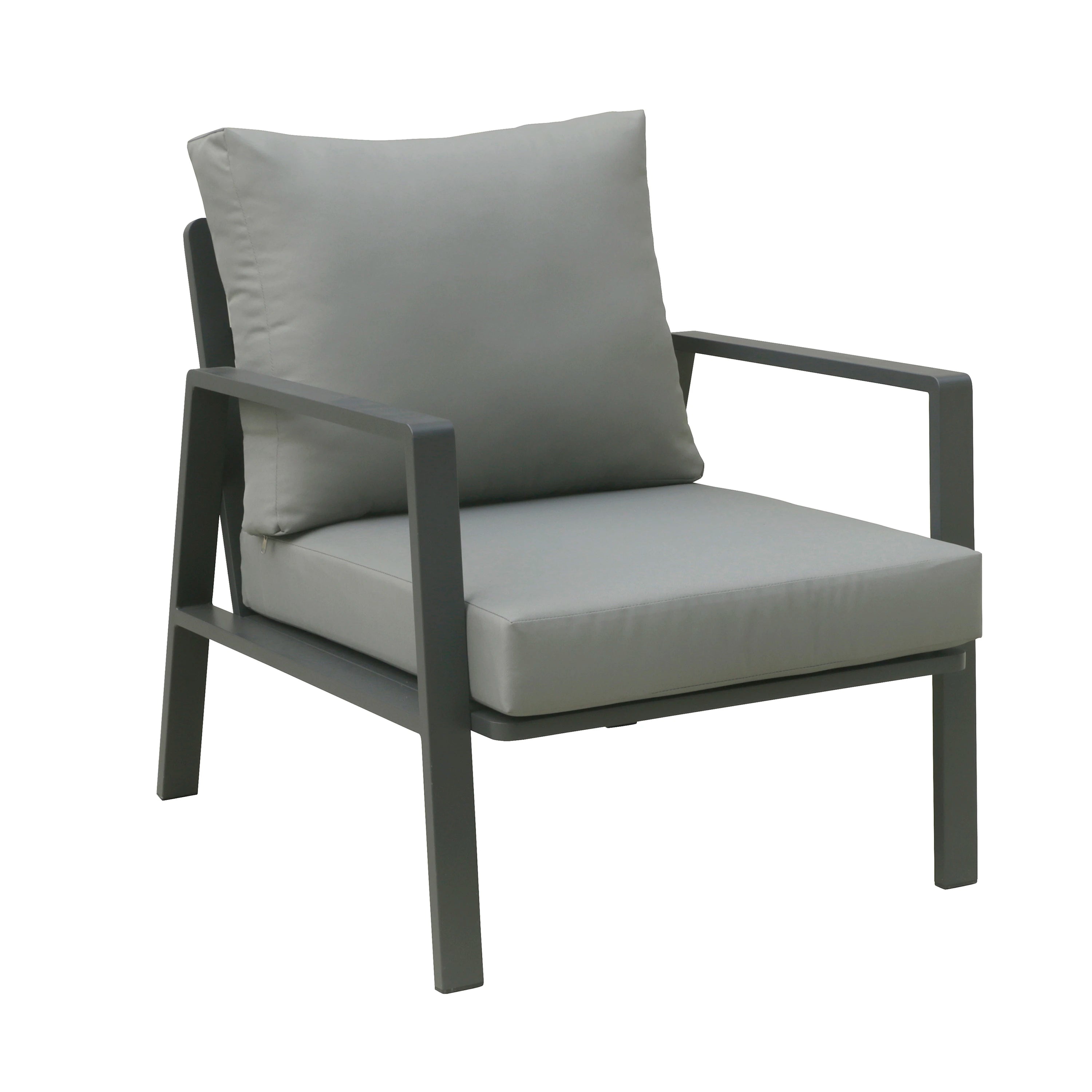 Outdoor patio armchair with dark gray frame and light gray seat cushion, tall backrest.