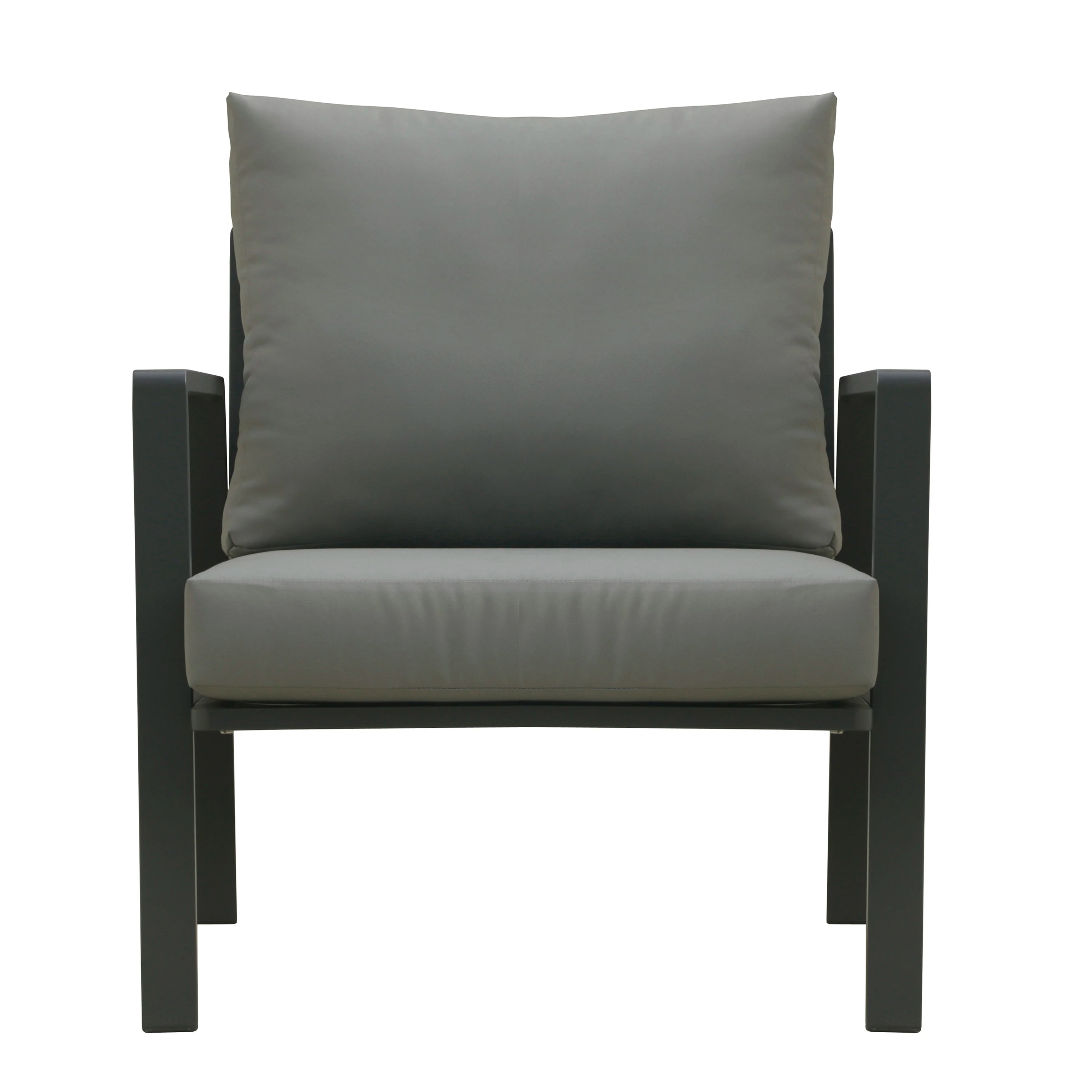 Outdoor patio armchair with dark gray frame and light gray seat and back cushions.