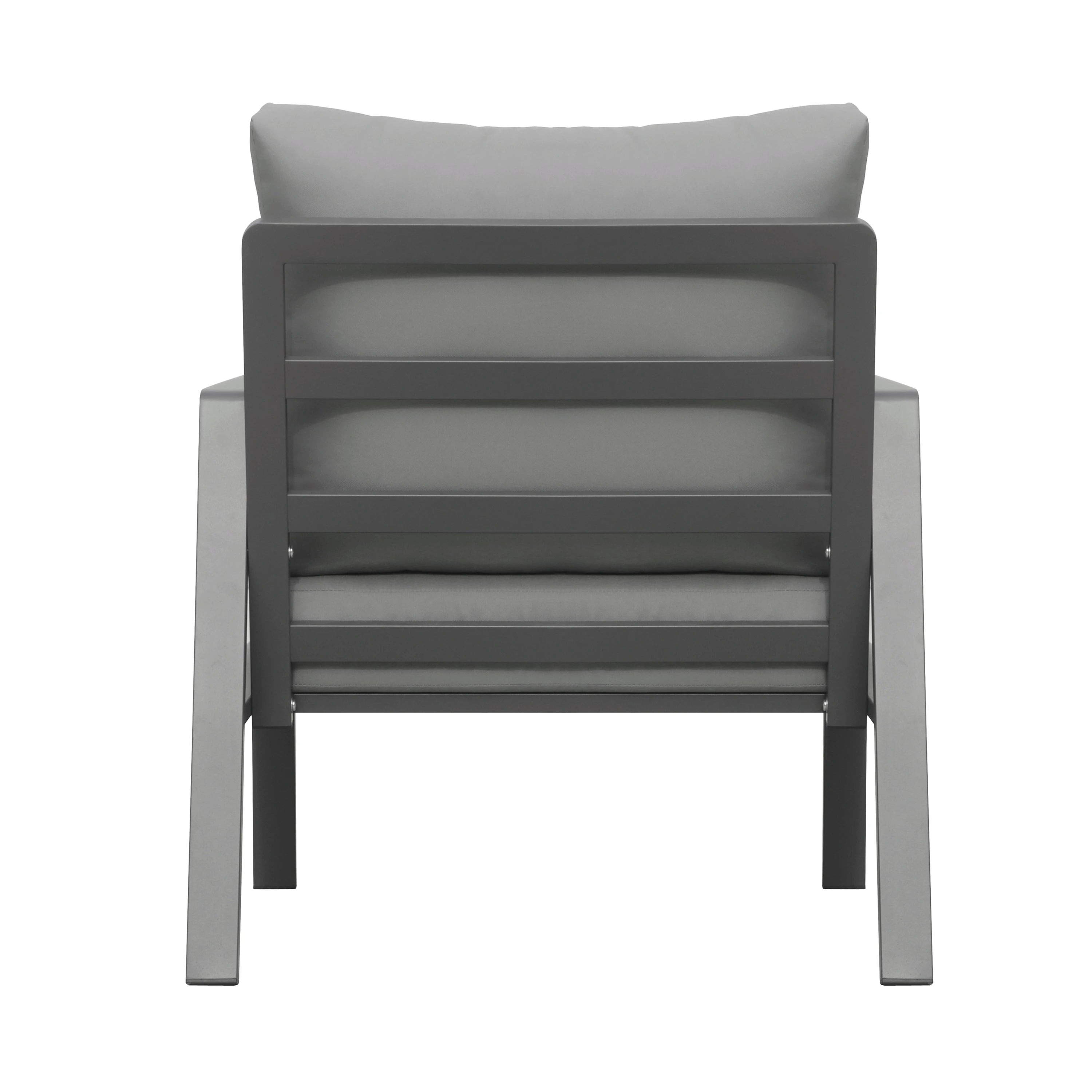 Outdoor patio chair with light gray cushions, dark gray frame, and padded backrest.