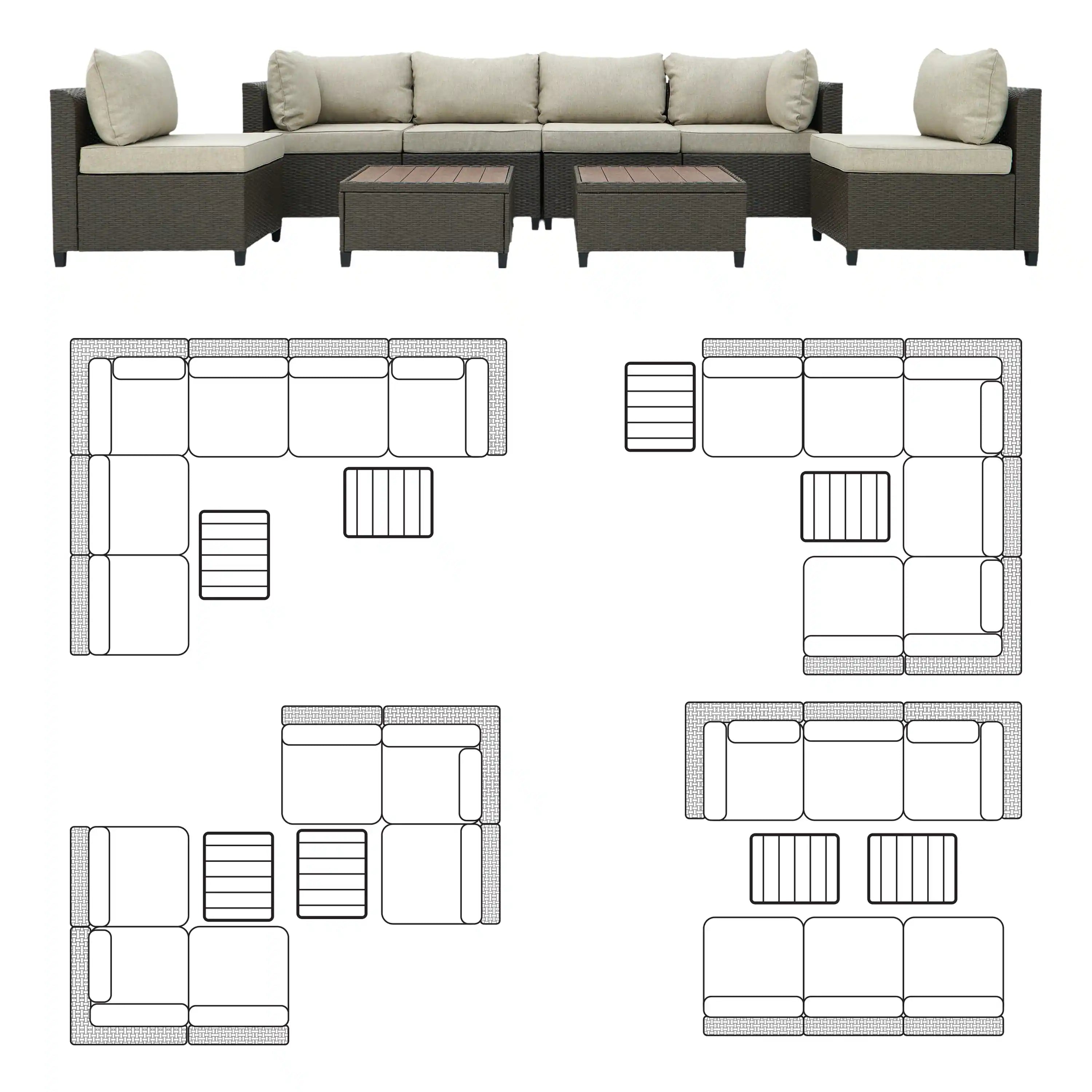 Outdoor sectional wicker sofa set with tan cushions and matching square coffee tables