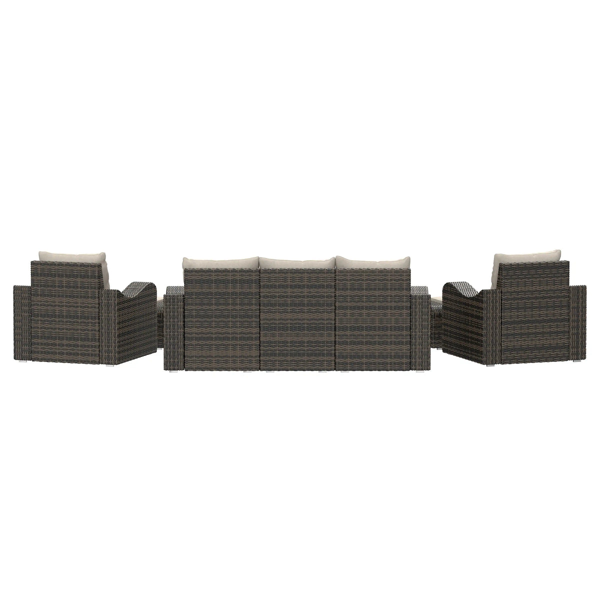 Dark brown outdoor wicker sofa with matching armchairs and light seat cushions