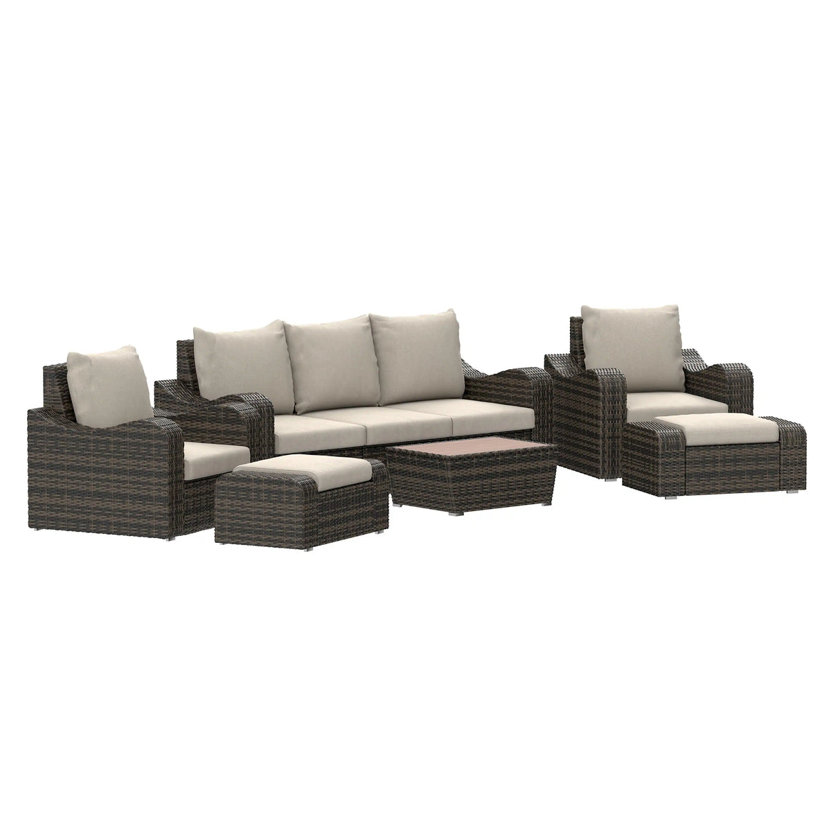 Brown outdoor wicker sectional seating set with beige cushions and square ottoman