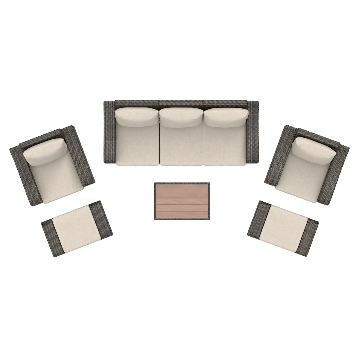 Top view of brown wicker outdoor seating set with beige cushions and square table