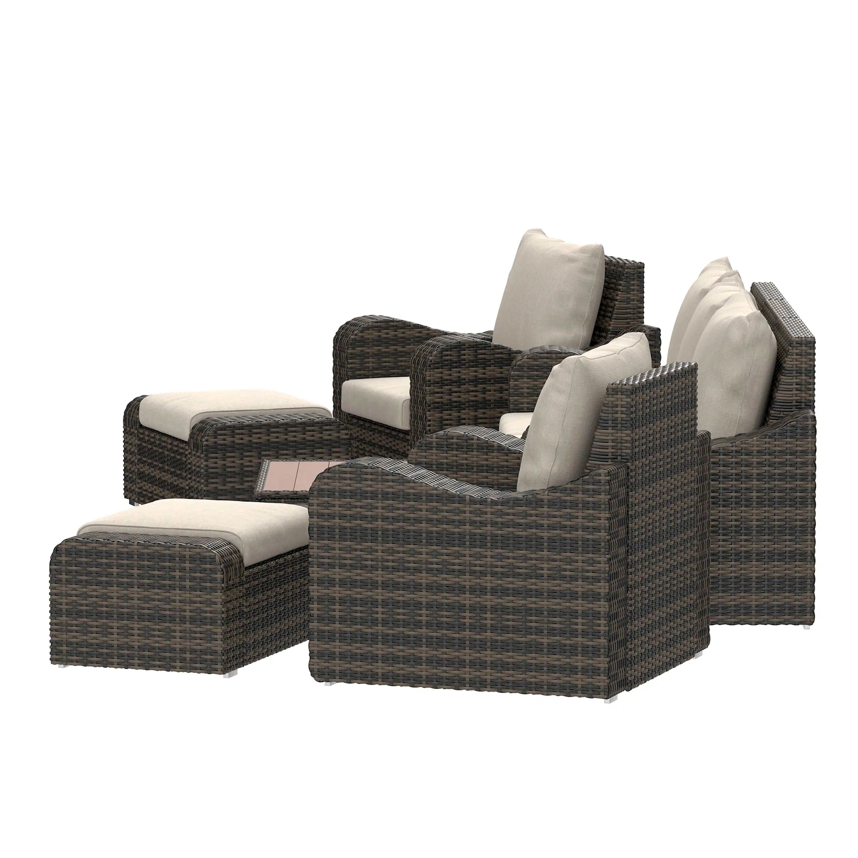 Brown wicker outdoor lounge seating set with beige cushions and supportive armrests