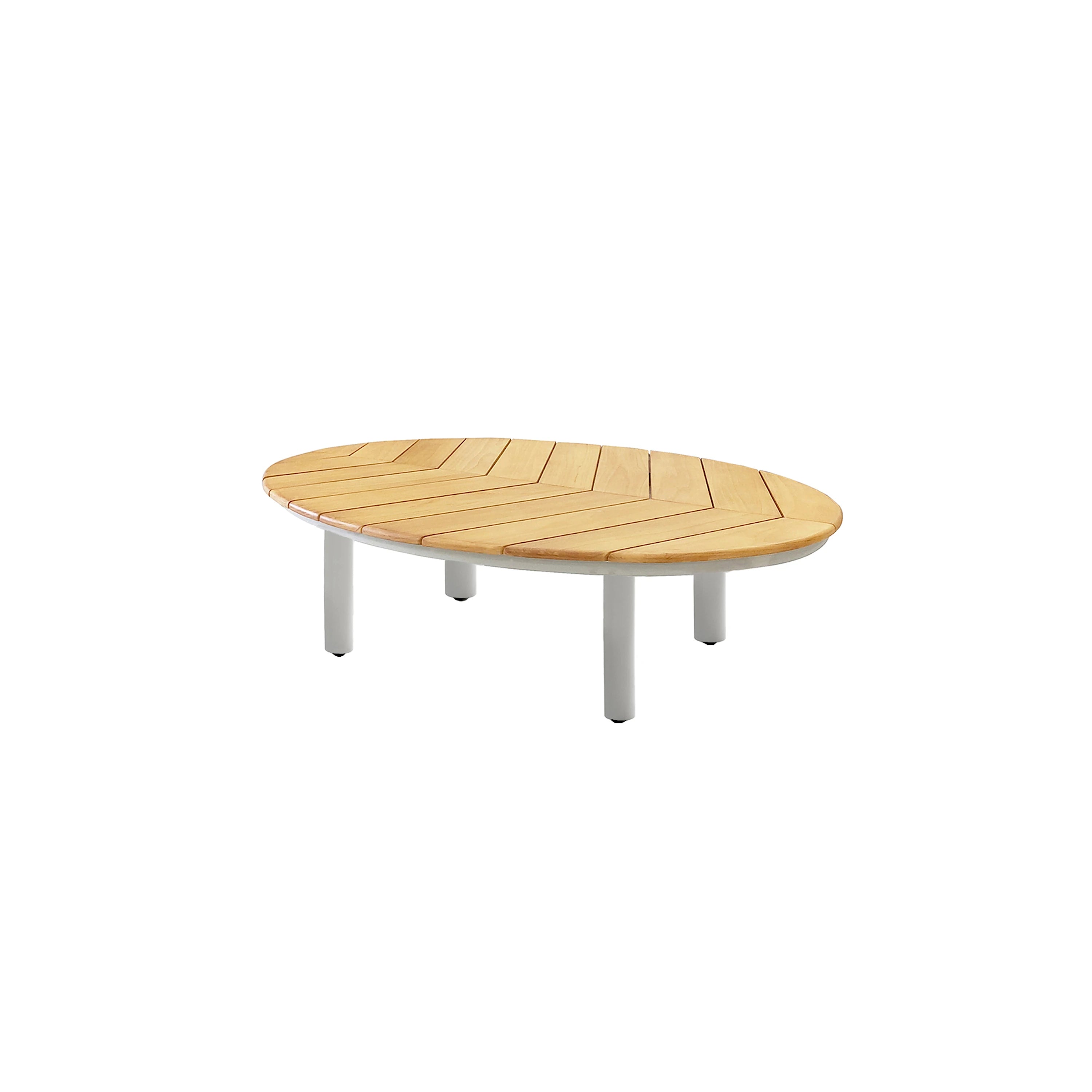 Round teak coffee table with slatted top and four white metal legs.