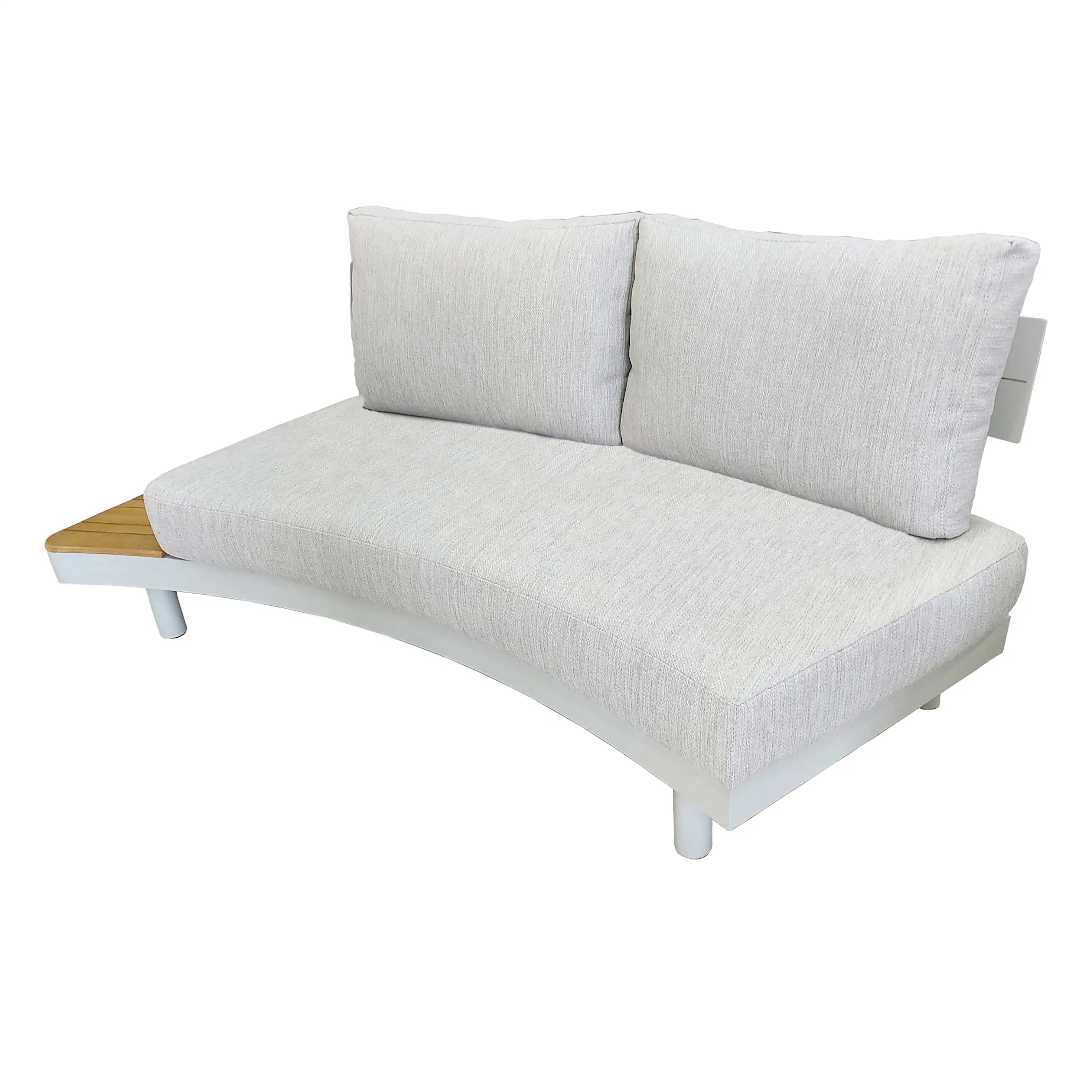 Outdoor loveseat sofa with cream cushions and teak slat tray-style side accents.