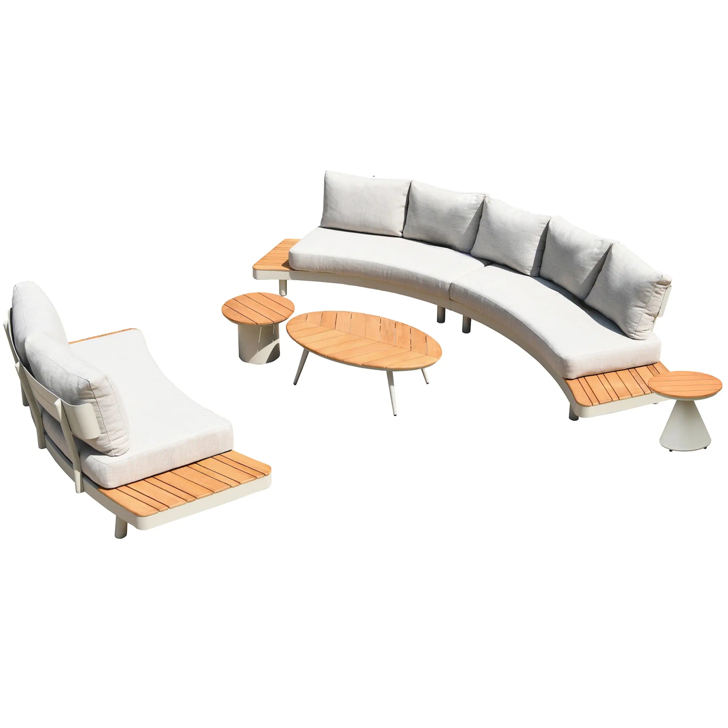 Outdoor curved sectional sofa with cream cushions plus teak slat side and round tables.