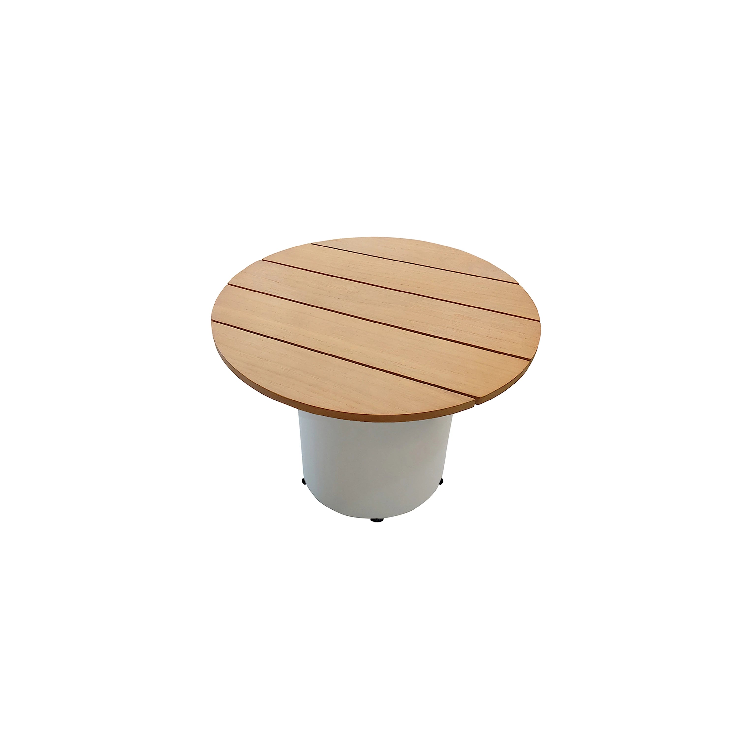 Round teak side table with slatted top and white metal pedestal base.