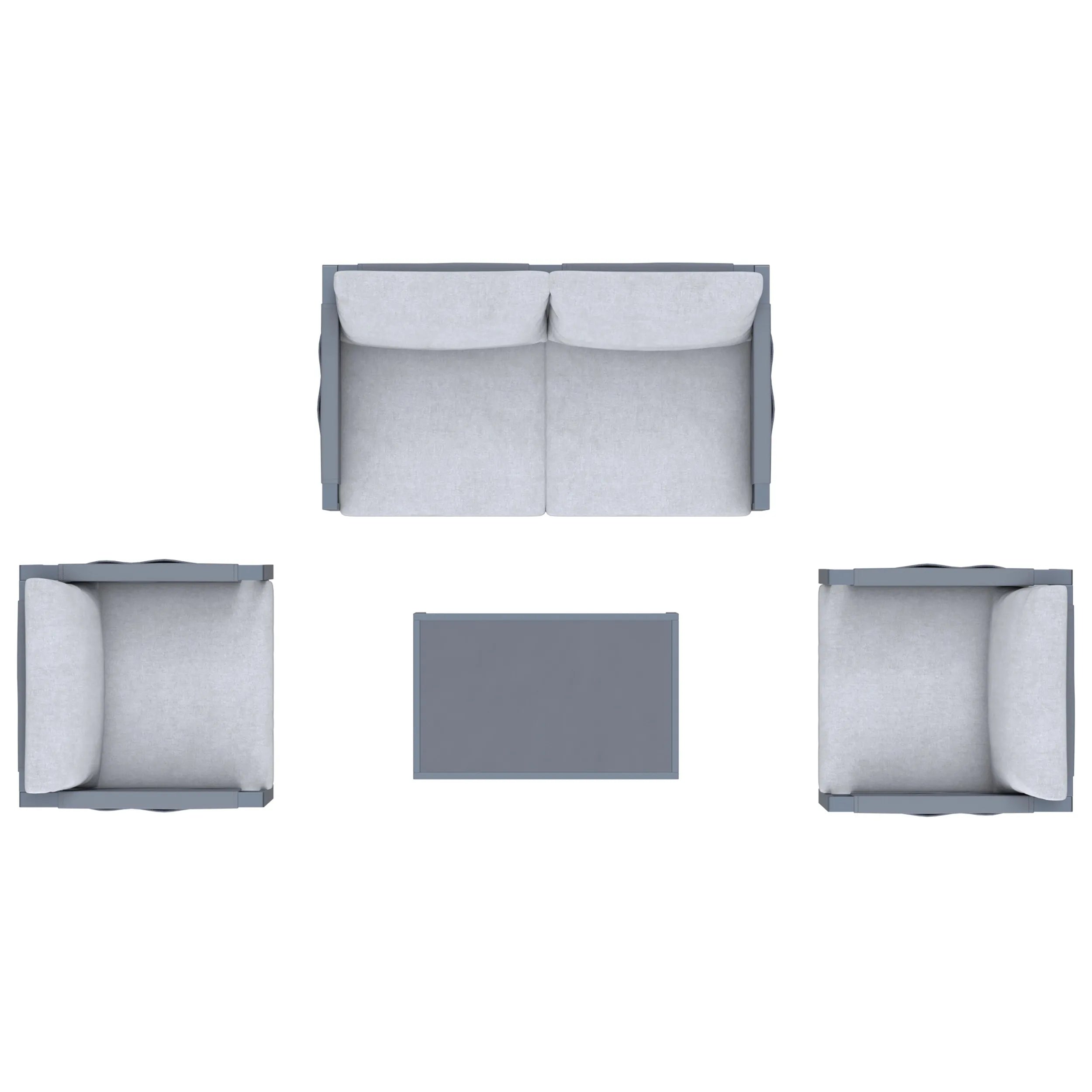 Outdoor seating set: loveseat, two armchairs, and square gray table cushion layout