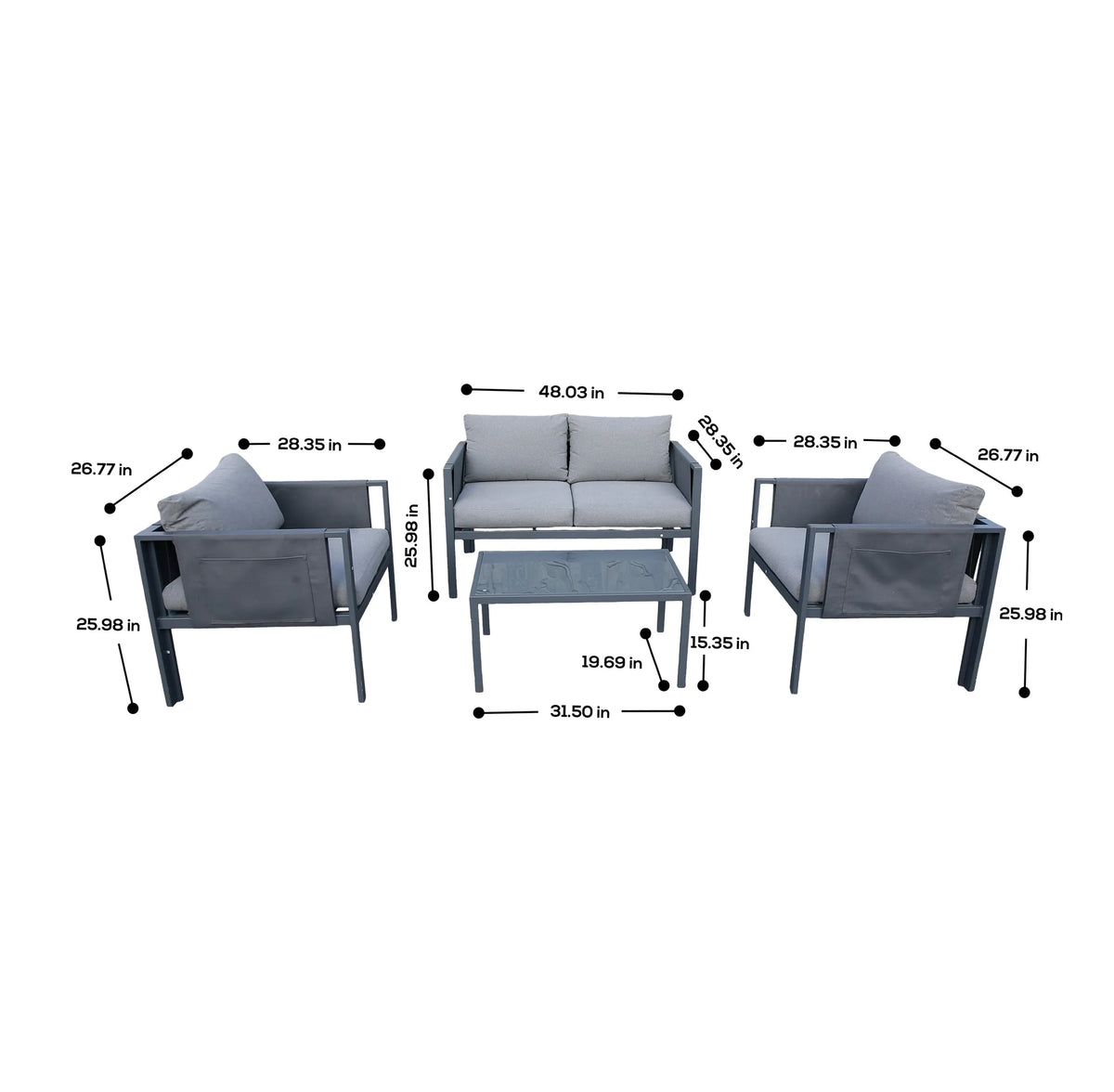 Outdoor sofa and armchairs set with dimensions diagram and light gray seat cushions