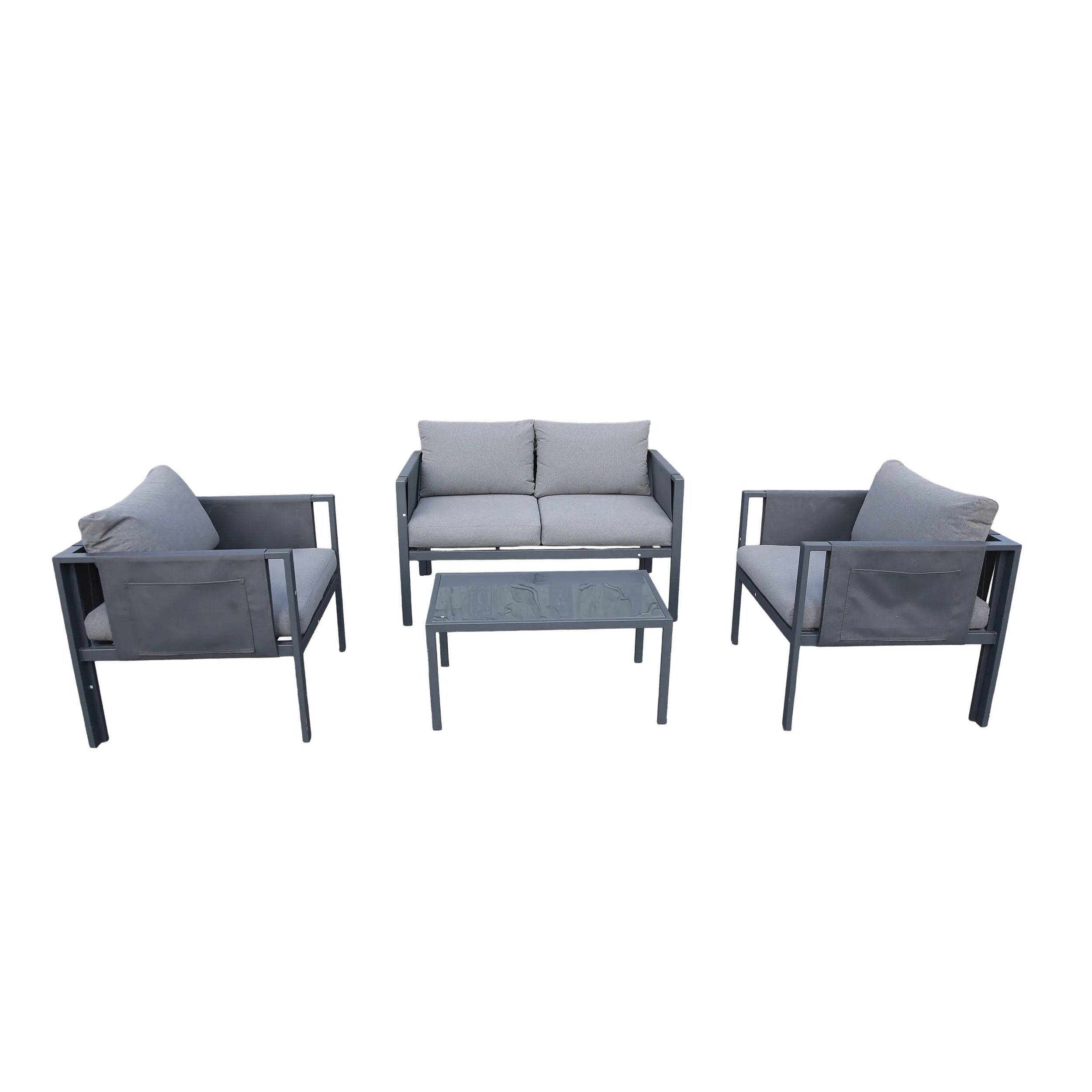 4-piece outdoor seating set with gray armchairs, central loveseat, and table, front view