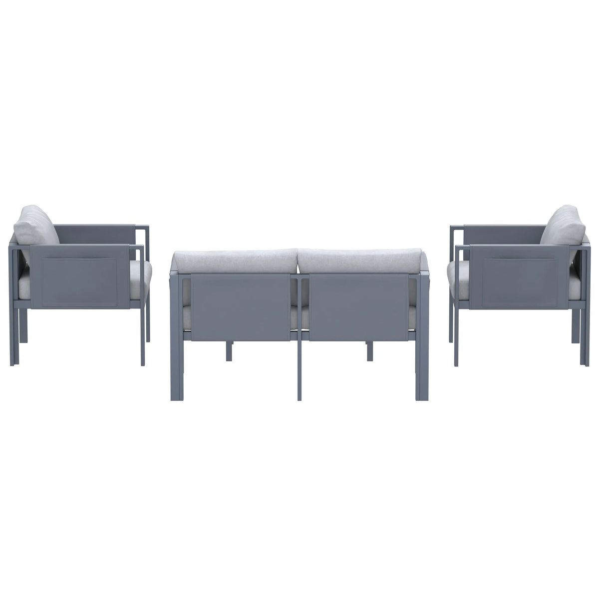 Outdoor sofa and armchair set with gray frames and light gray cushions, side view