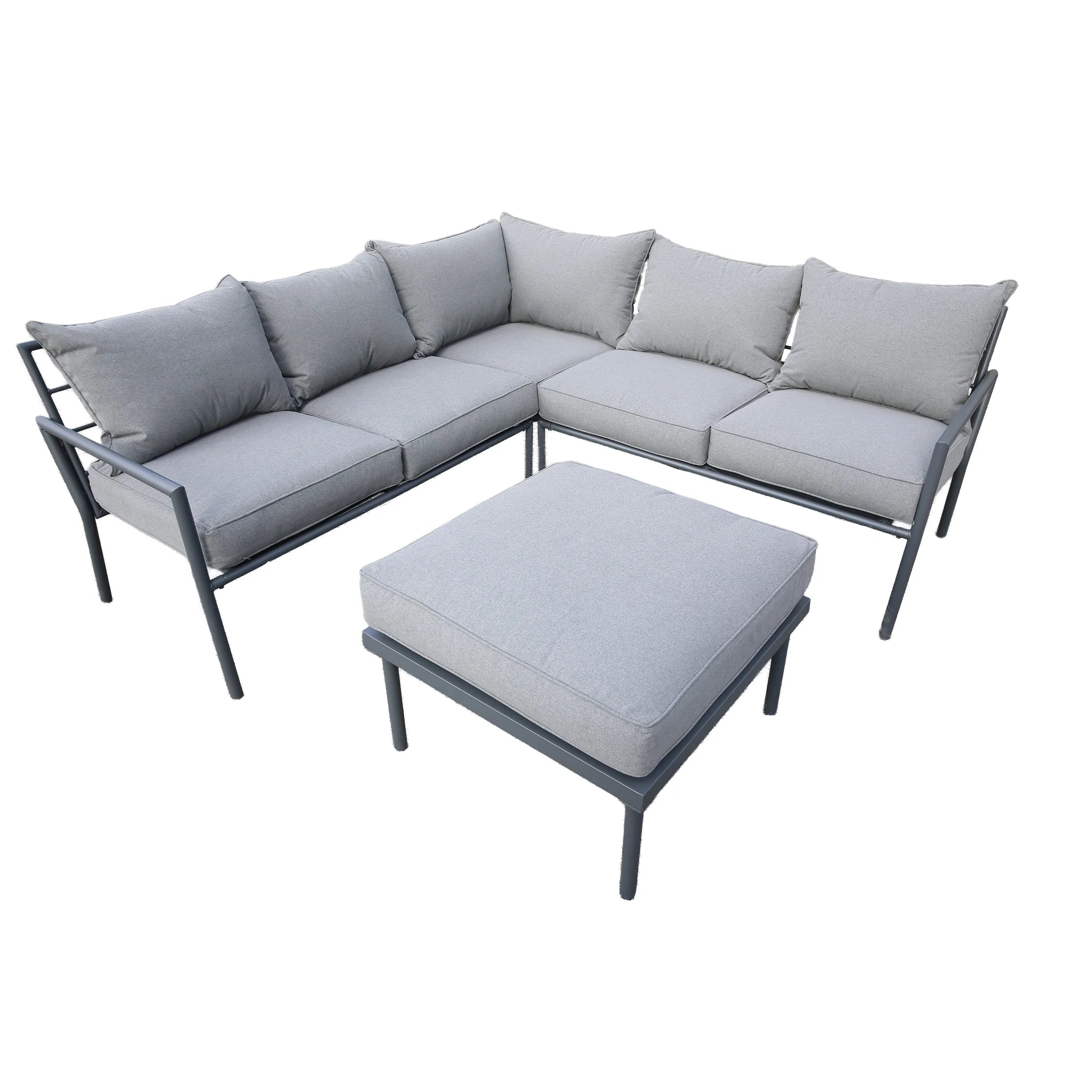 Gray outdoor corner sectional sofa set with matching ottoman, metal frame