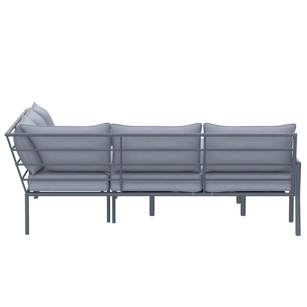 Gray outdoor sofa set back view with corner cushions and ottoman, metal frame