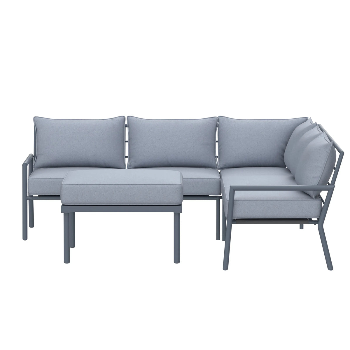 Gray outdoor sectional sofa with ottoman bench cushion, metal legs and armrests