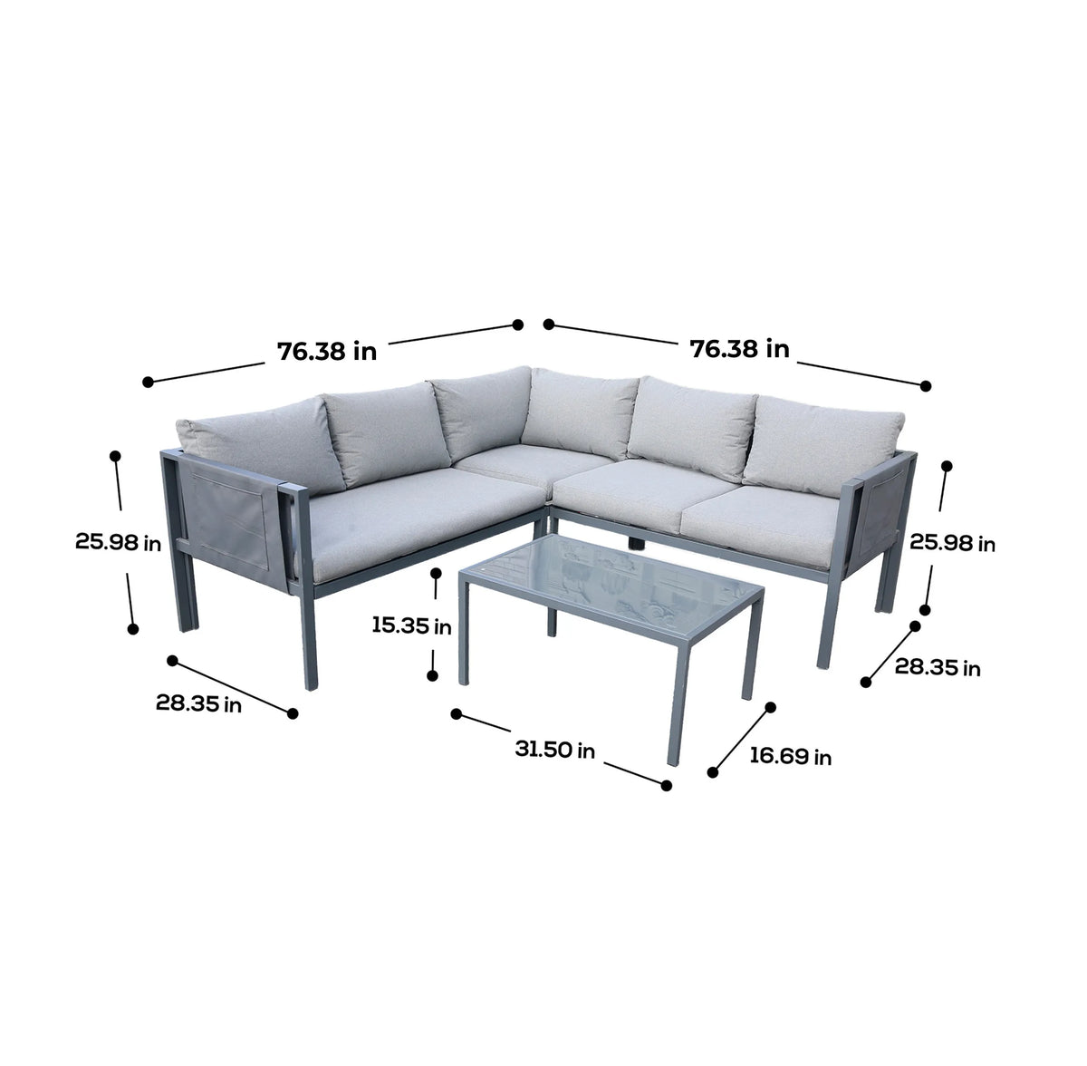 Gray outdoor corner sectional sofa with glass-top coffee table and padded armrests