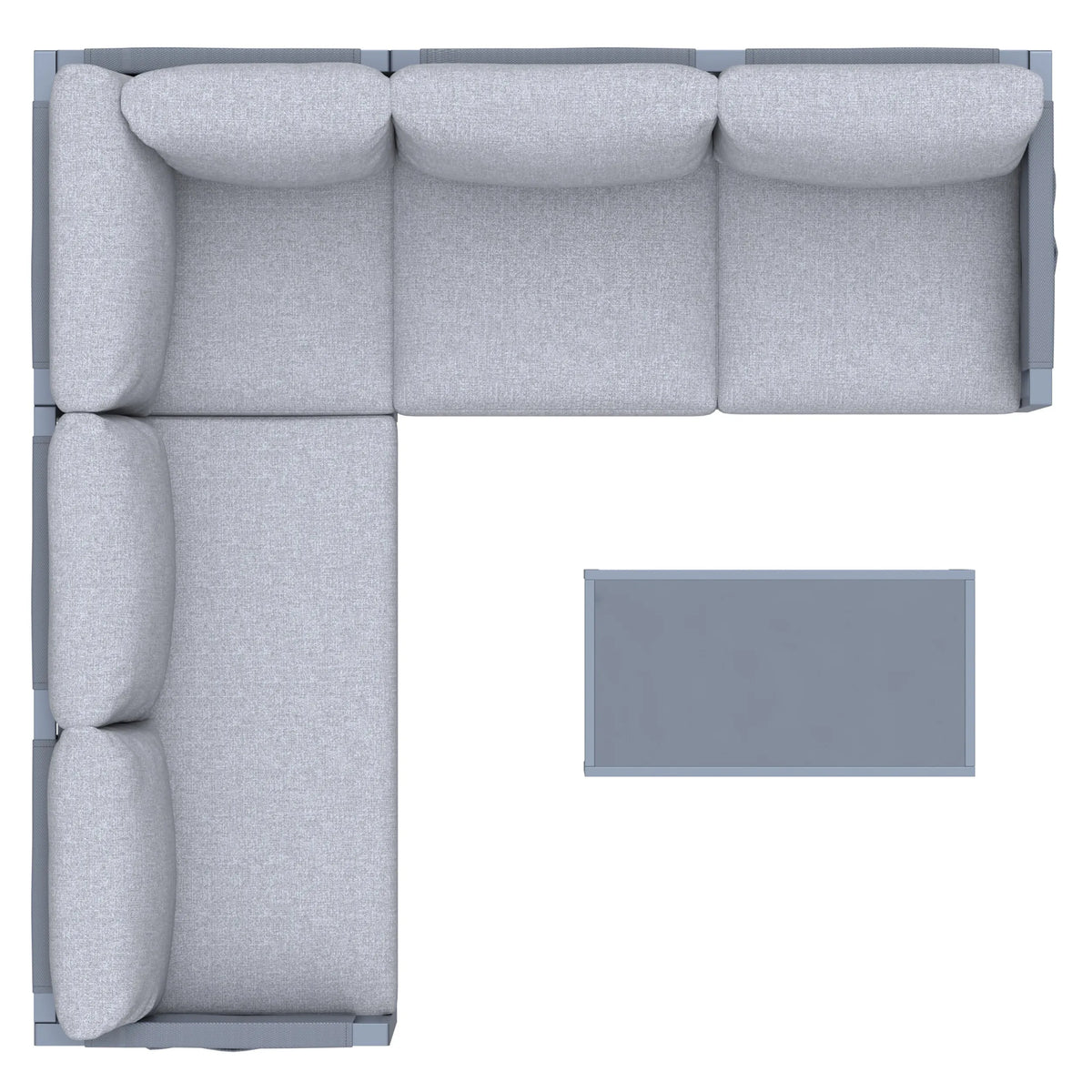 Gray outdoor sectional sofa corner with thick back pillows and padded seat cushions