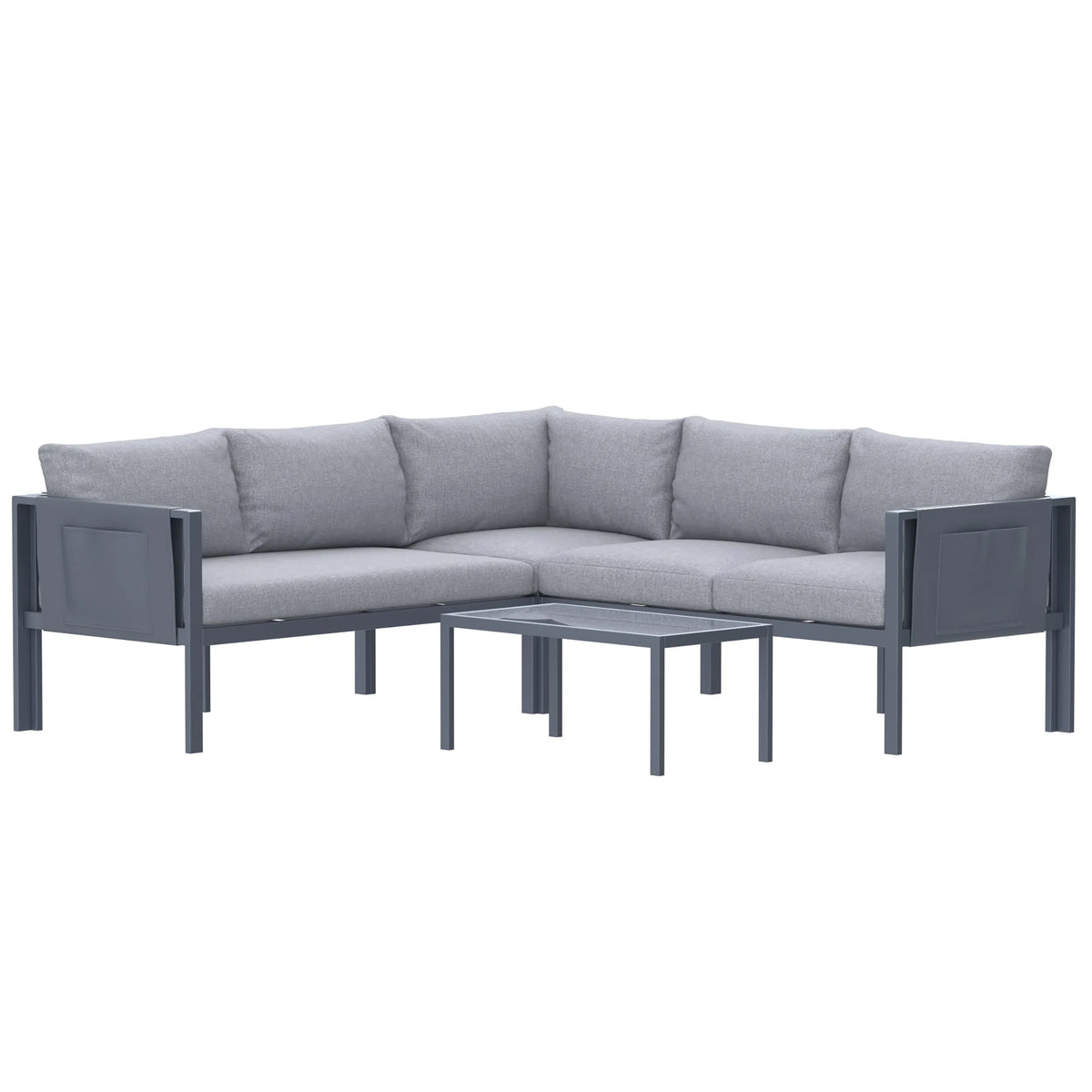 Gray outdoor corner sectional sofa with glass-top coffee table centered in front