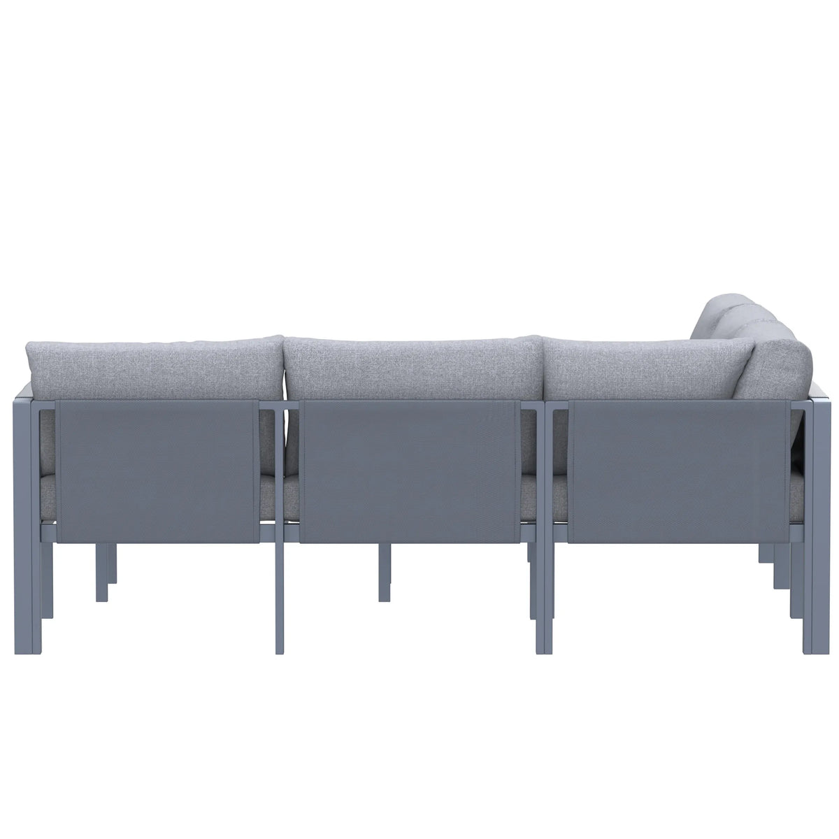 Gray outdoor sectional sofa set with three seat sections and tall back cushions