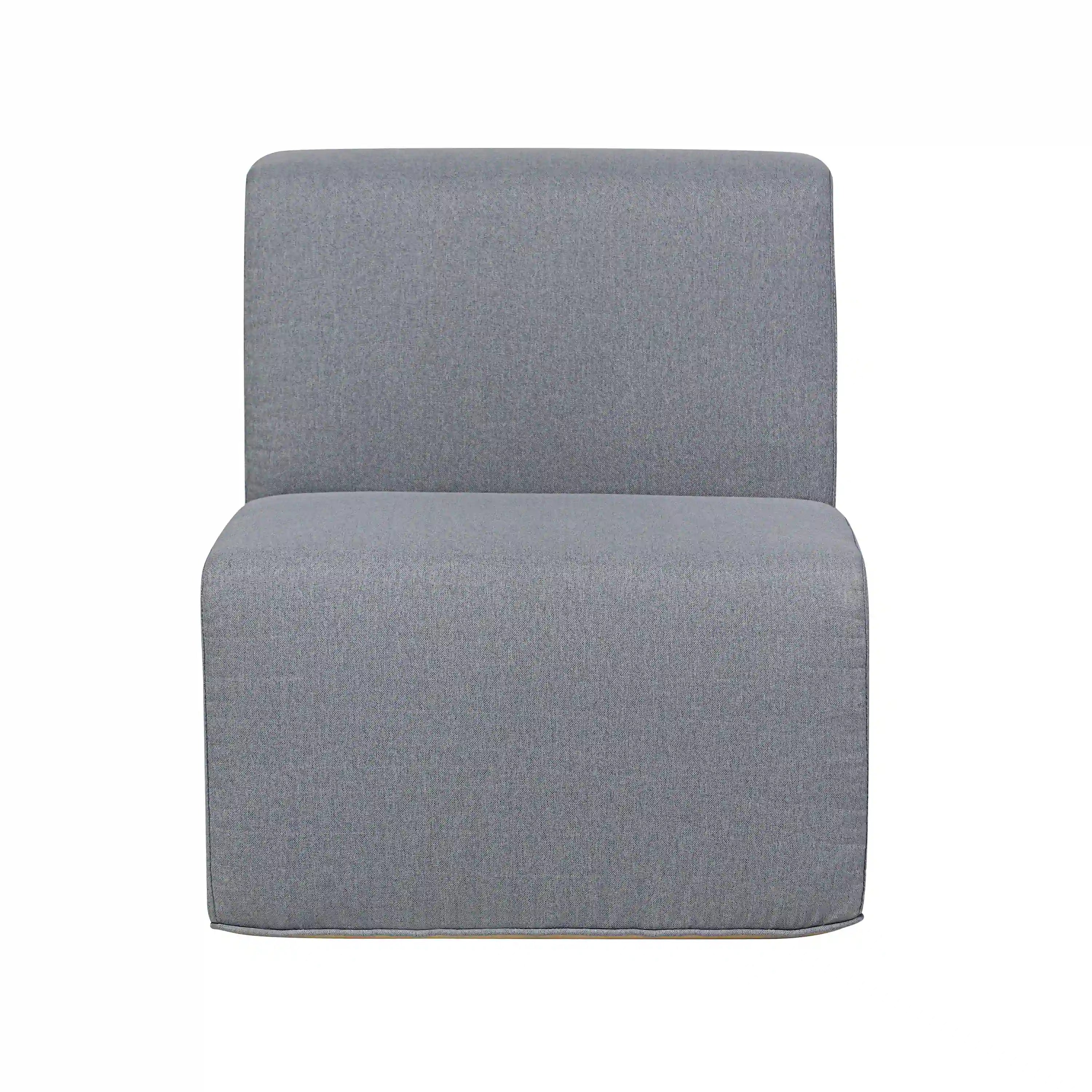 Gray armless outdoor sectional chair with padded back and seat cushion