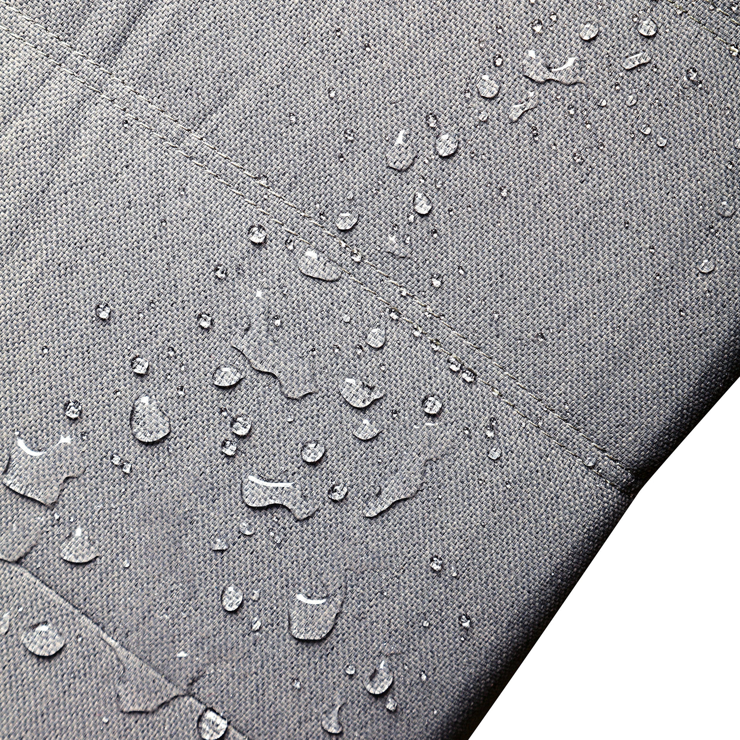 Water-resistant gray outdoor upholstery fabric with textured weave and droplets
