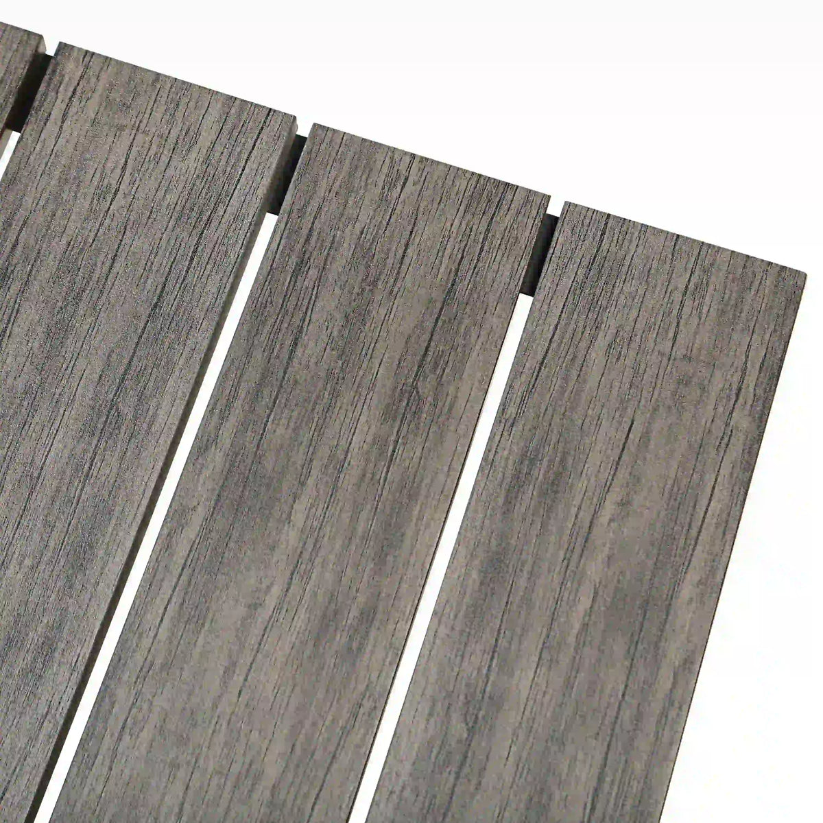 Dark gray slat tabletop surface with vertical plank texture