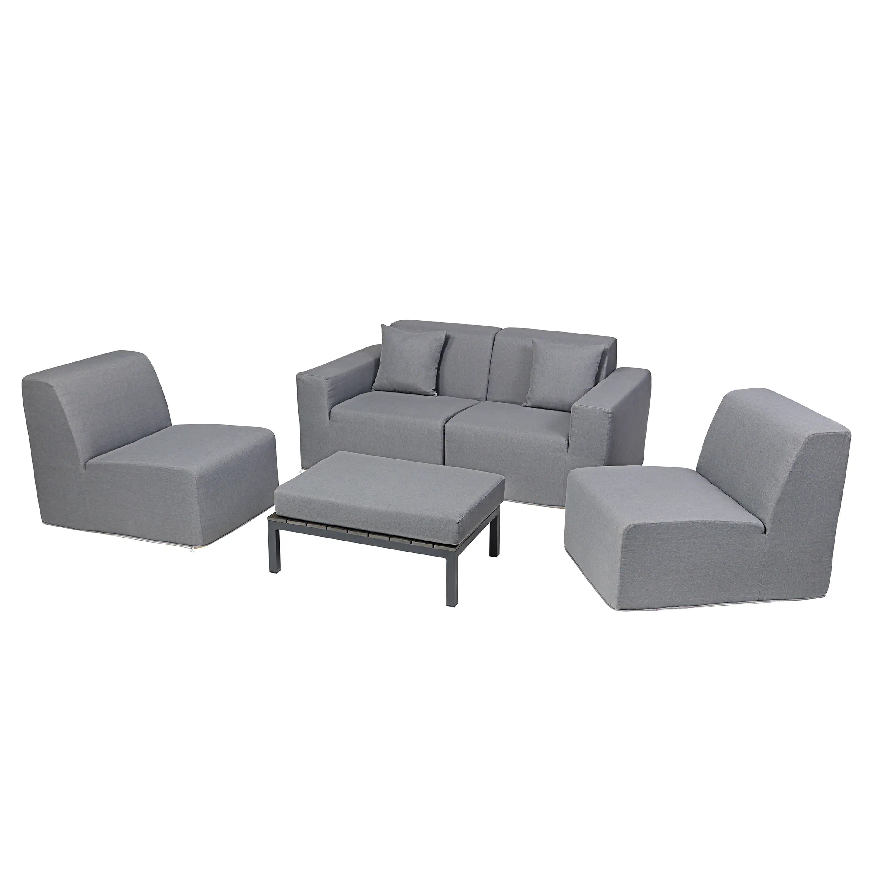 Gray outdoor sectional sofa set with two chairs, center ottoman, and back loveseat